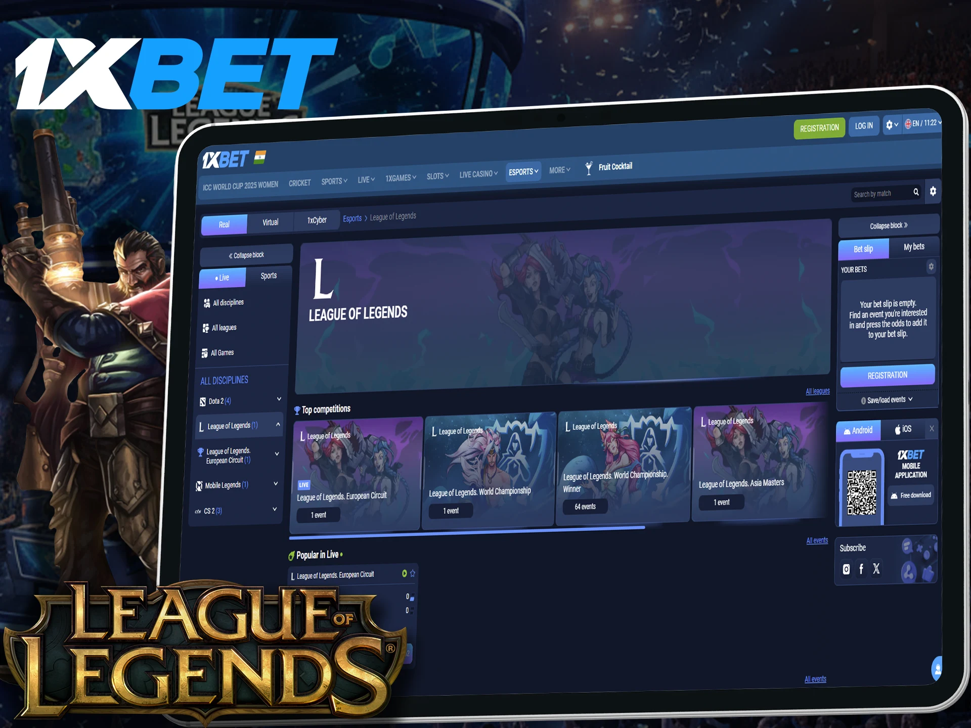1xBet offers League of Legends pre-match and live betting.
