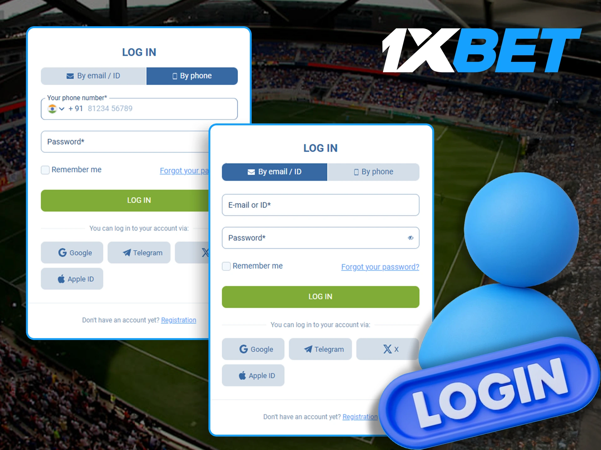 If you have previously created an account on the 1xBet site, then to start placing bets, you only need to log in to the platform.