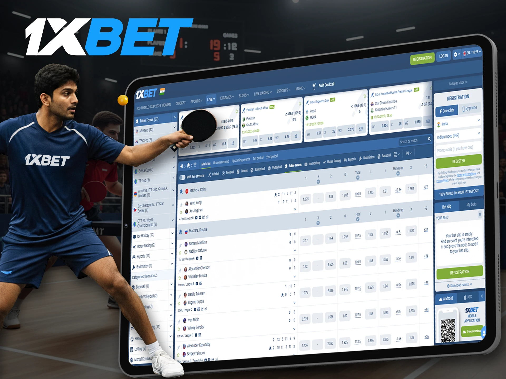 Numerous table tennis matches are available for betting at 1xBet.