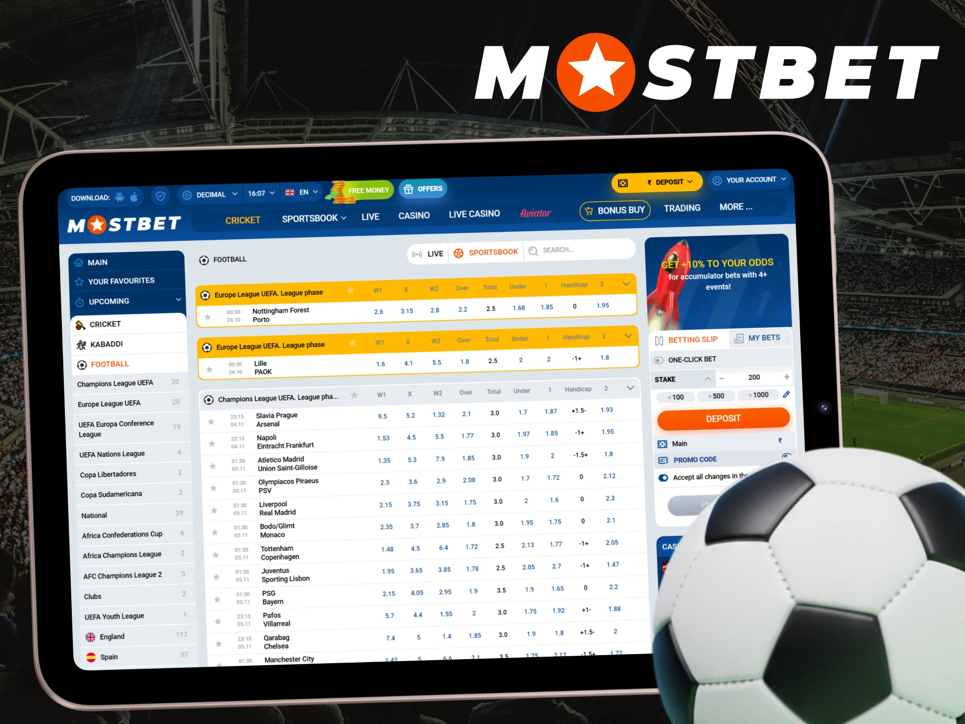 Football is one of the most popular sports disciplines that you can bet on at Mostbet.