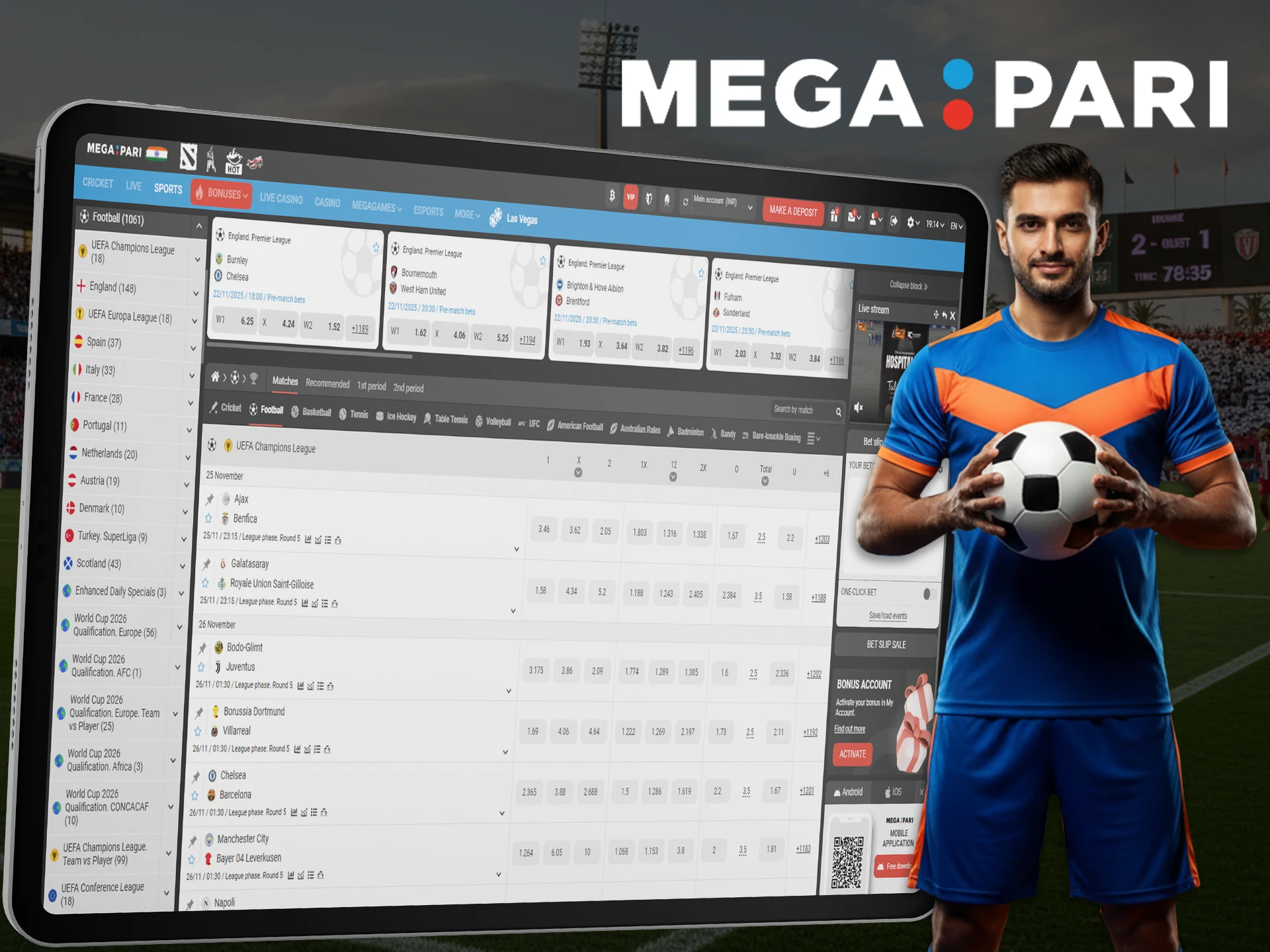 Check out the football section on the Megapari sportsbook website, where there are a large number of matches on which fans of this sport can bet.