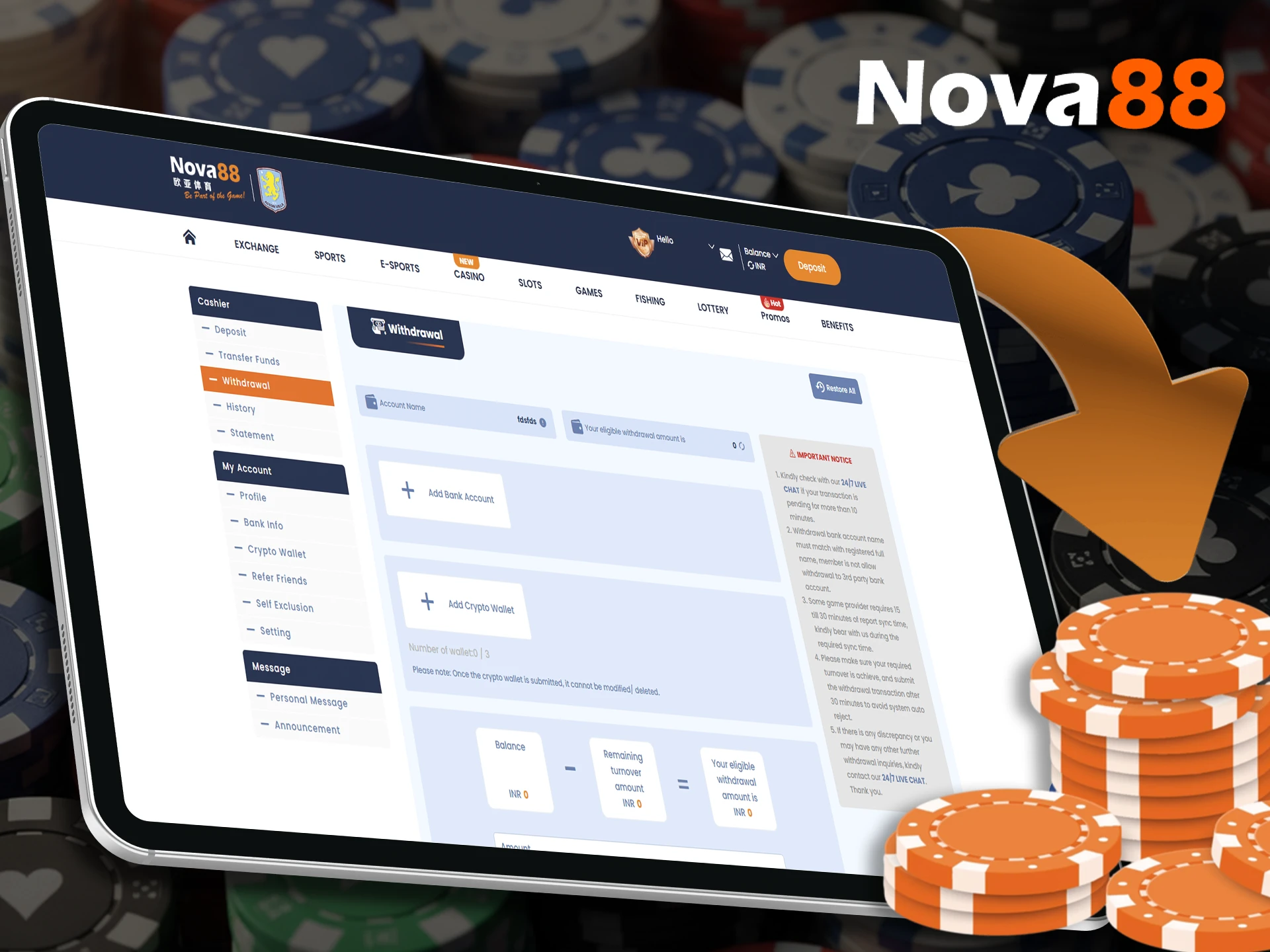 What withdrawal methods are available at Nova88 online casino.