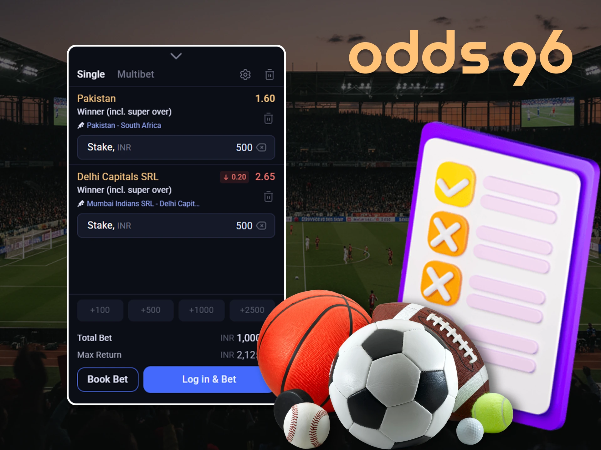 Place your sports bets by selecting a type at Odds96.