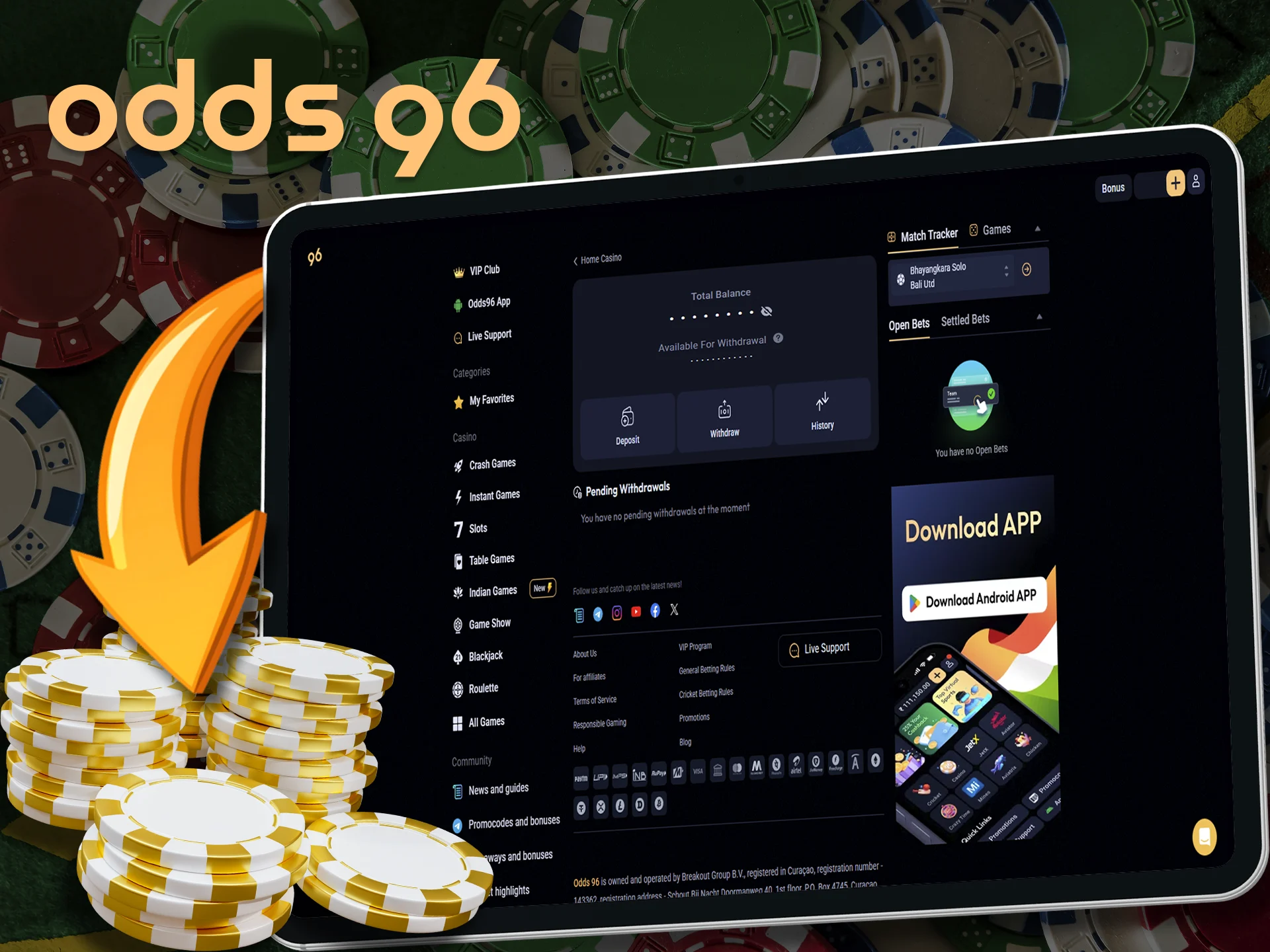 Get instant withdrawals to your account from Odds96.