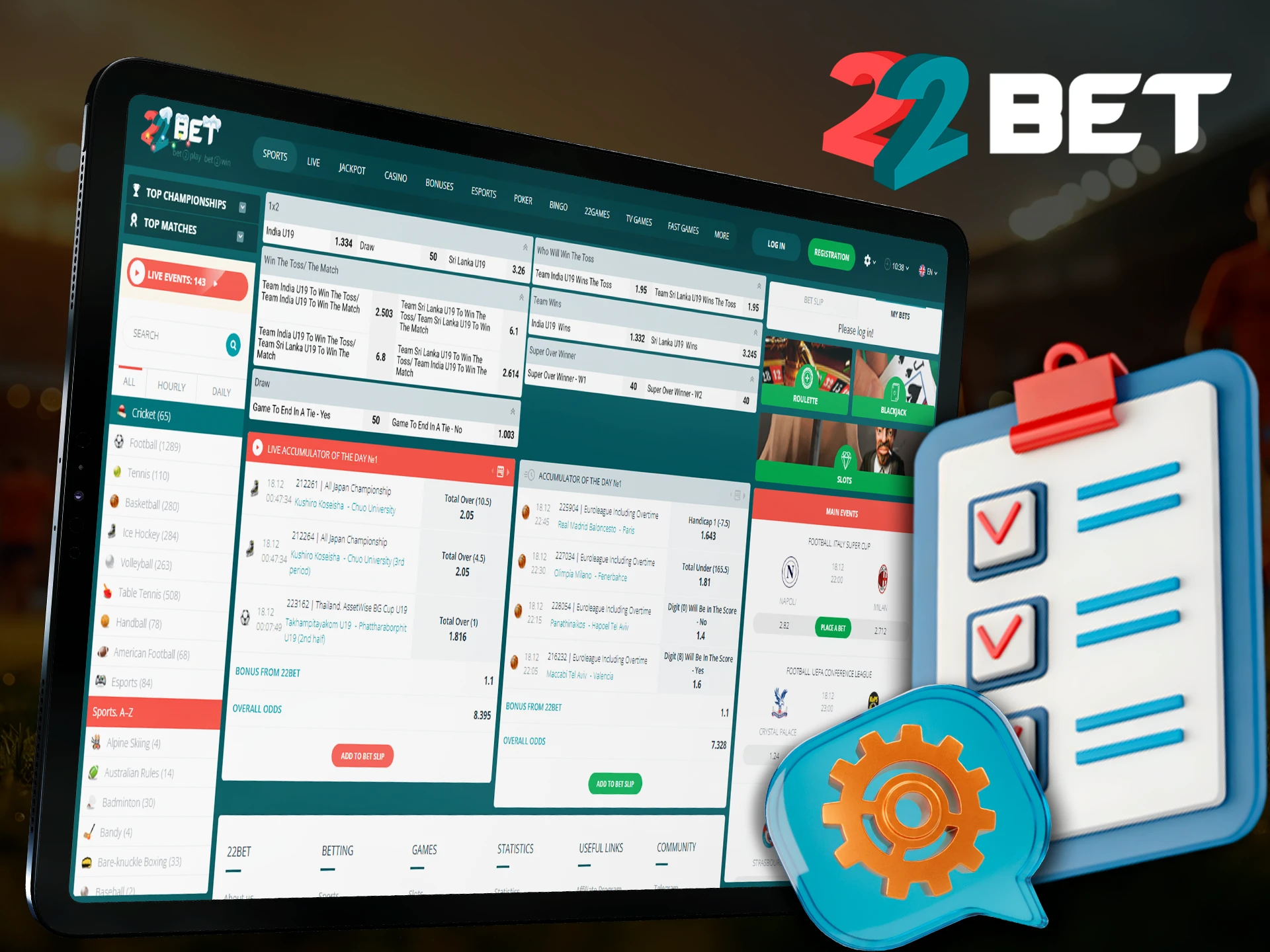 Choose options for each match for your bet at 22bet.