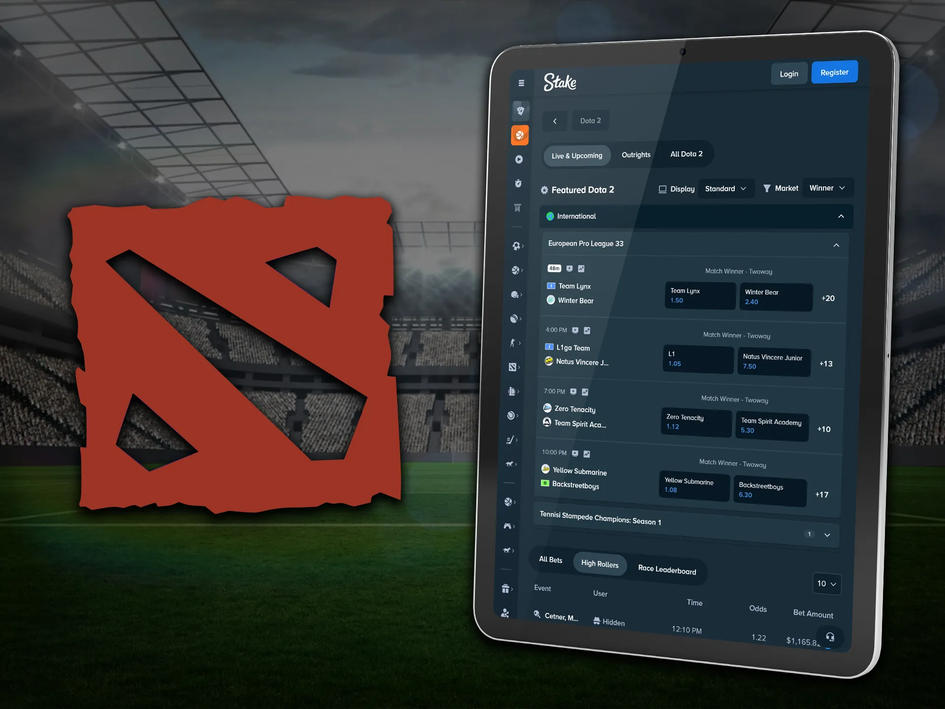 Place bets on a variety of match outcomes in Dota 2.