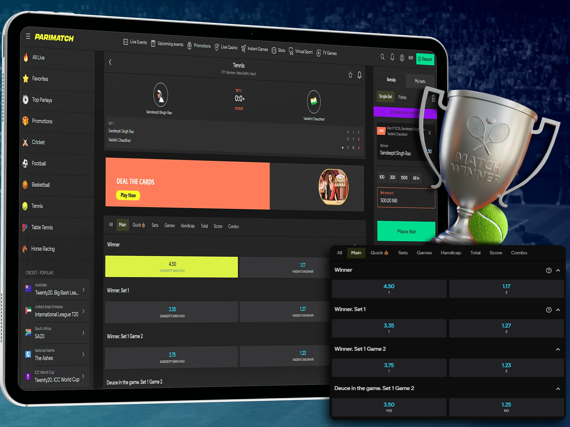Choose your favorite in tennis betting for big wins.