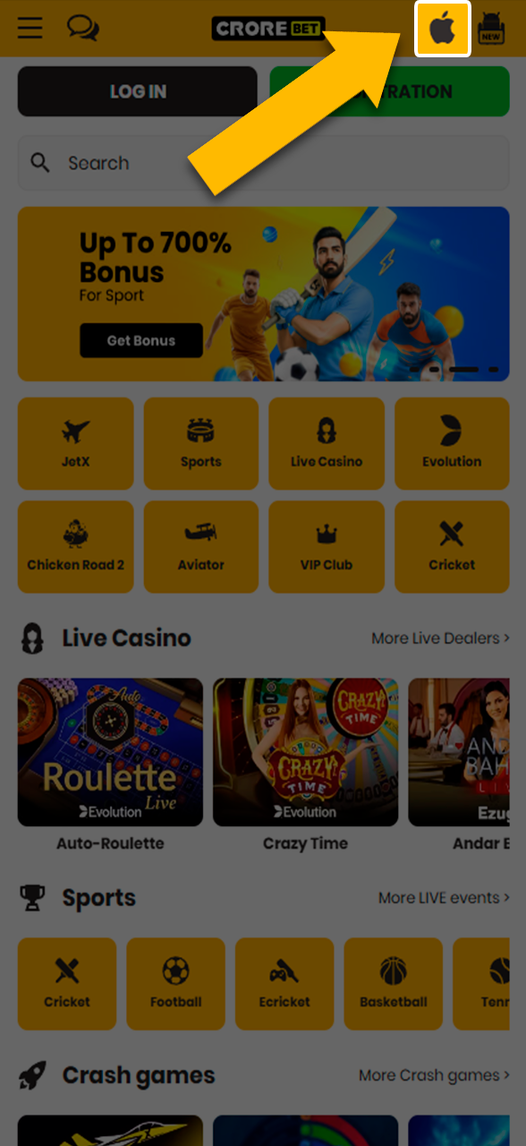 Proceed to install the app by clicking the button on the Crorebet website.