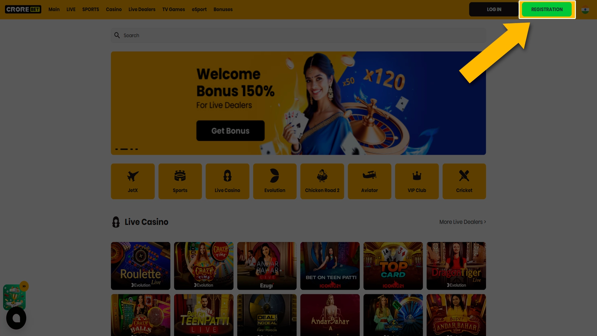 Proceed to account registration by clicking the button on Crorebet.