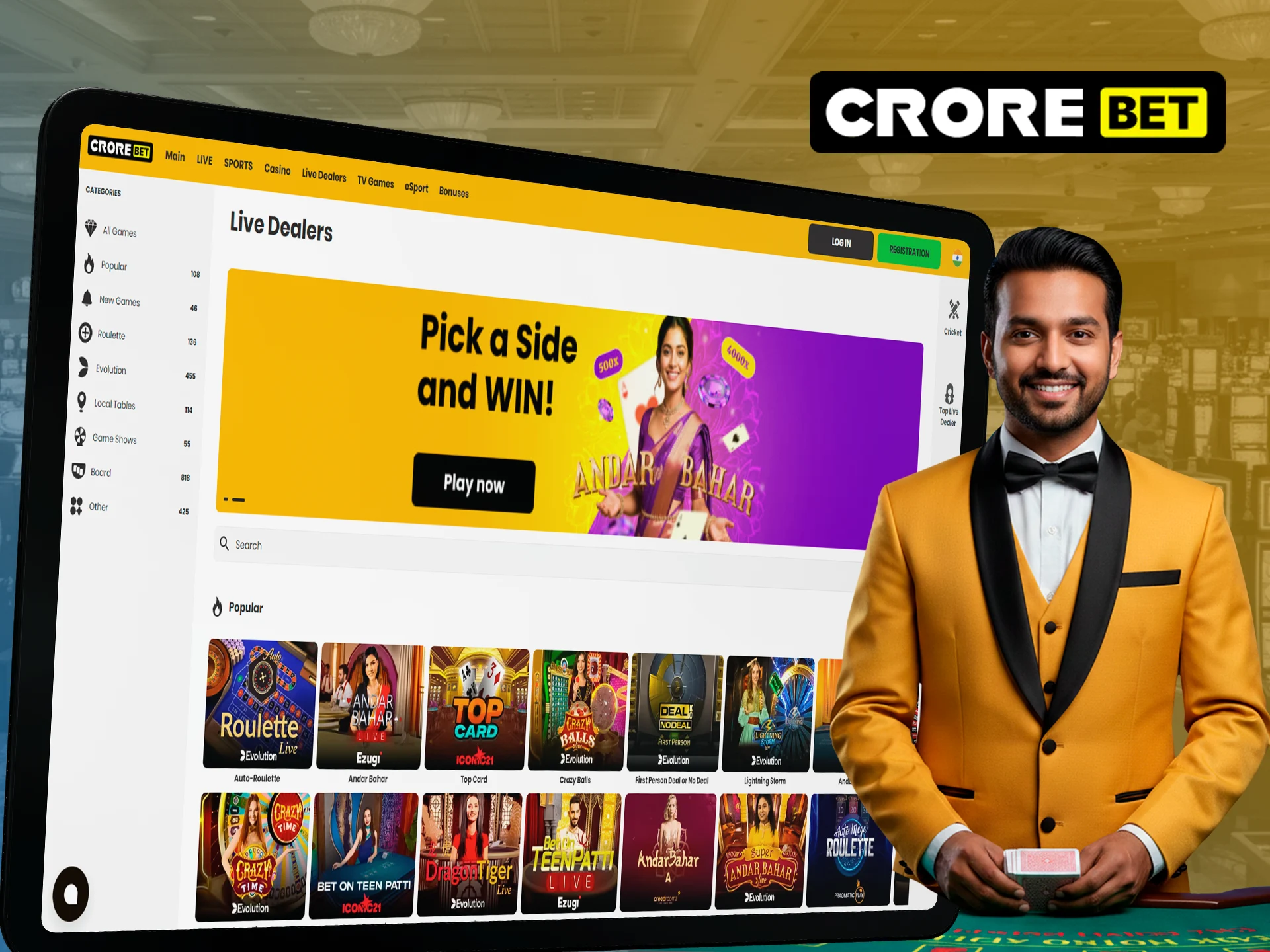 Play with dealers in the live casino section at Crorebet.