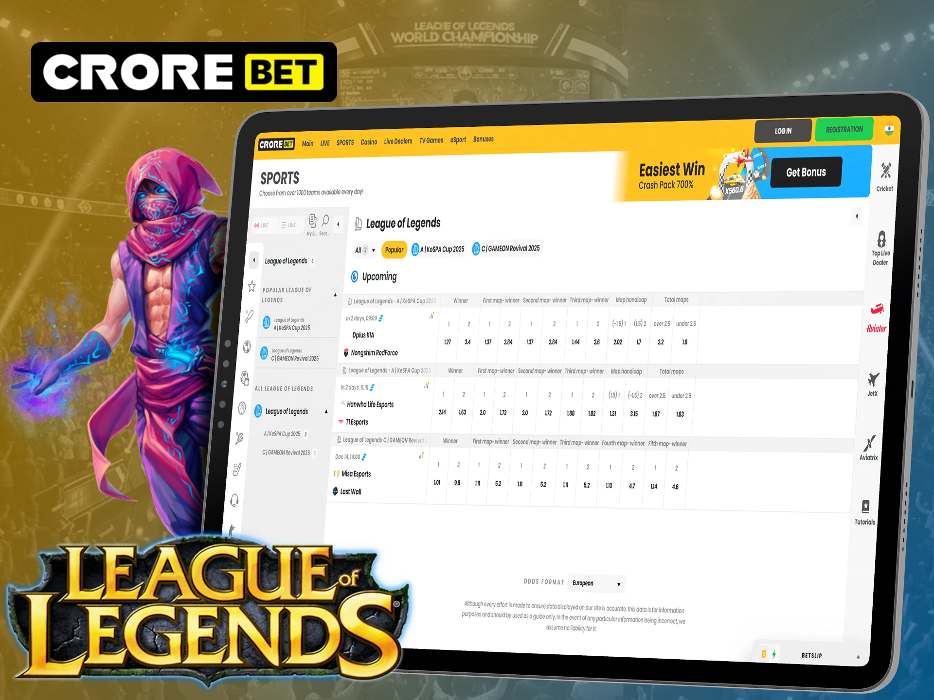 Place your bets on LOL tournaments for big wins at Crorebet.