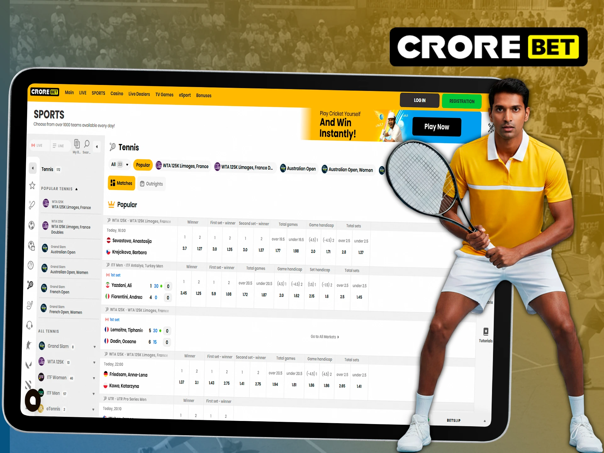 Place bets on popular tennis matches with Crorebet.