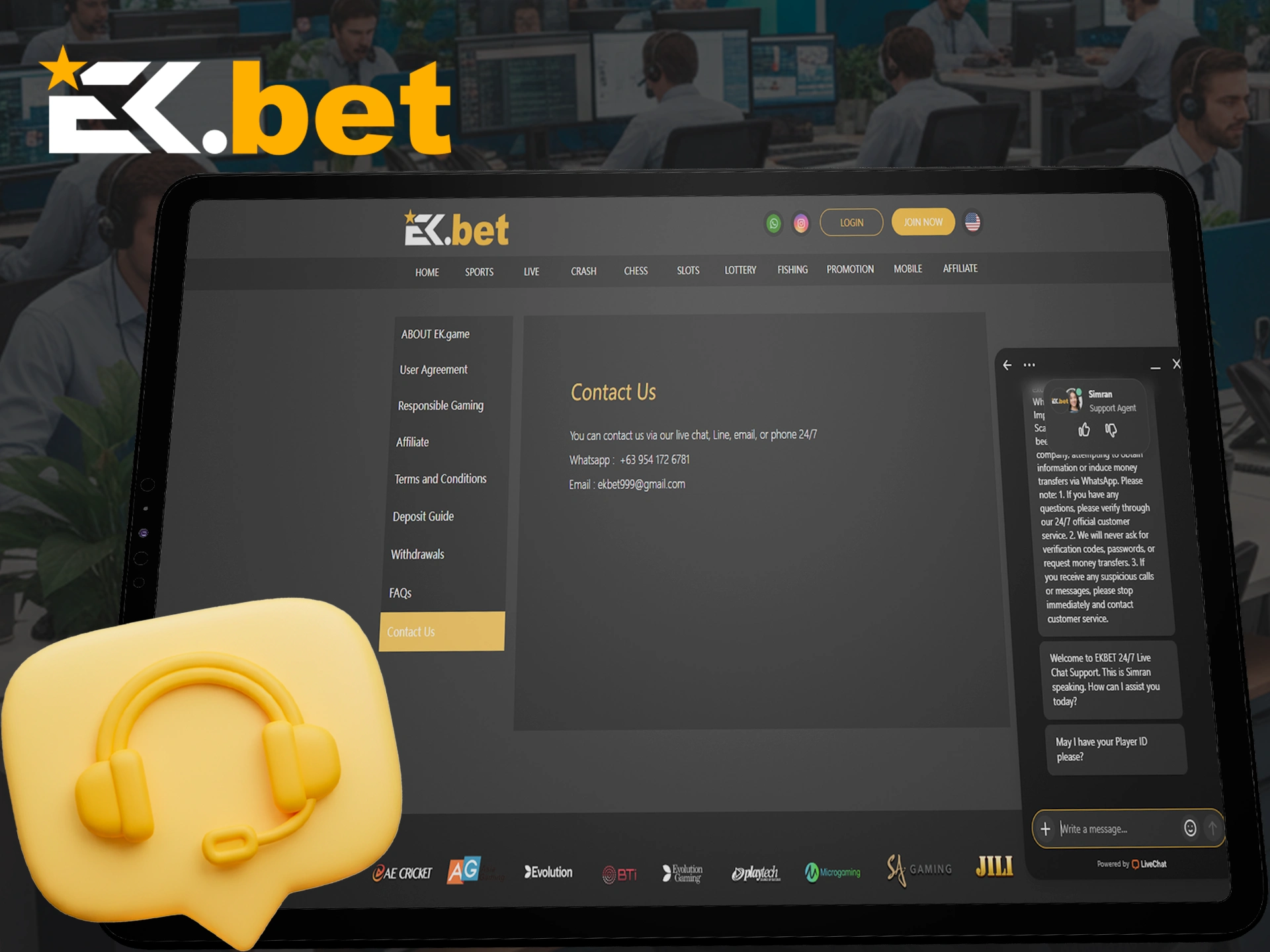 EkBet's support team is always ready to help you.
