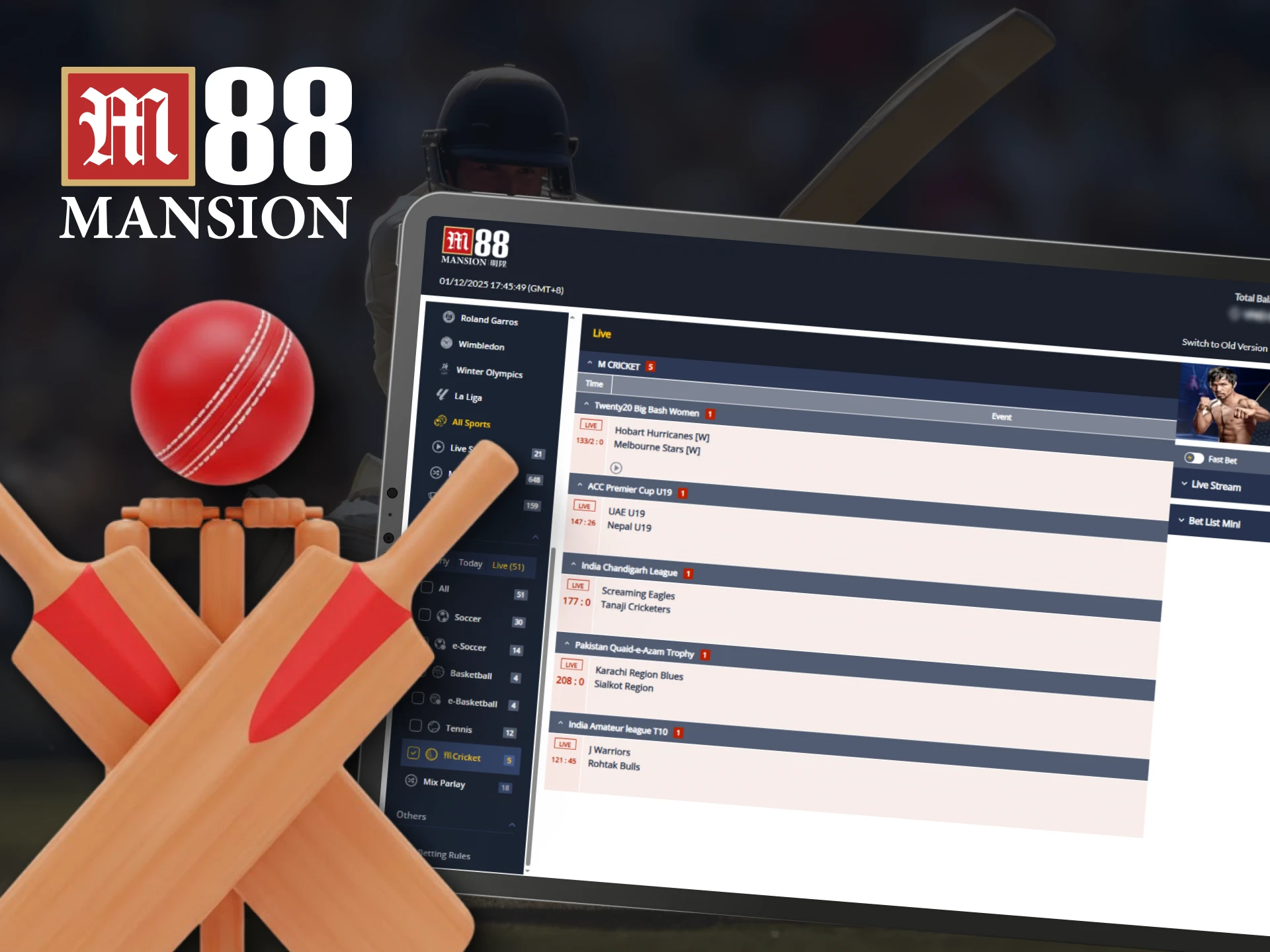 A major cricket event is available for betting on M88 in India.
