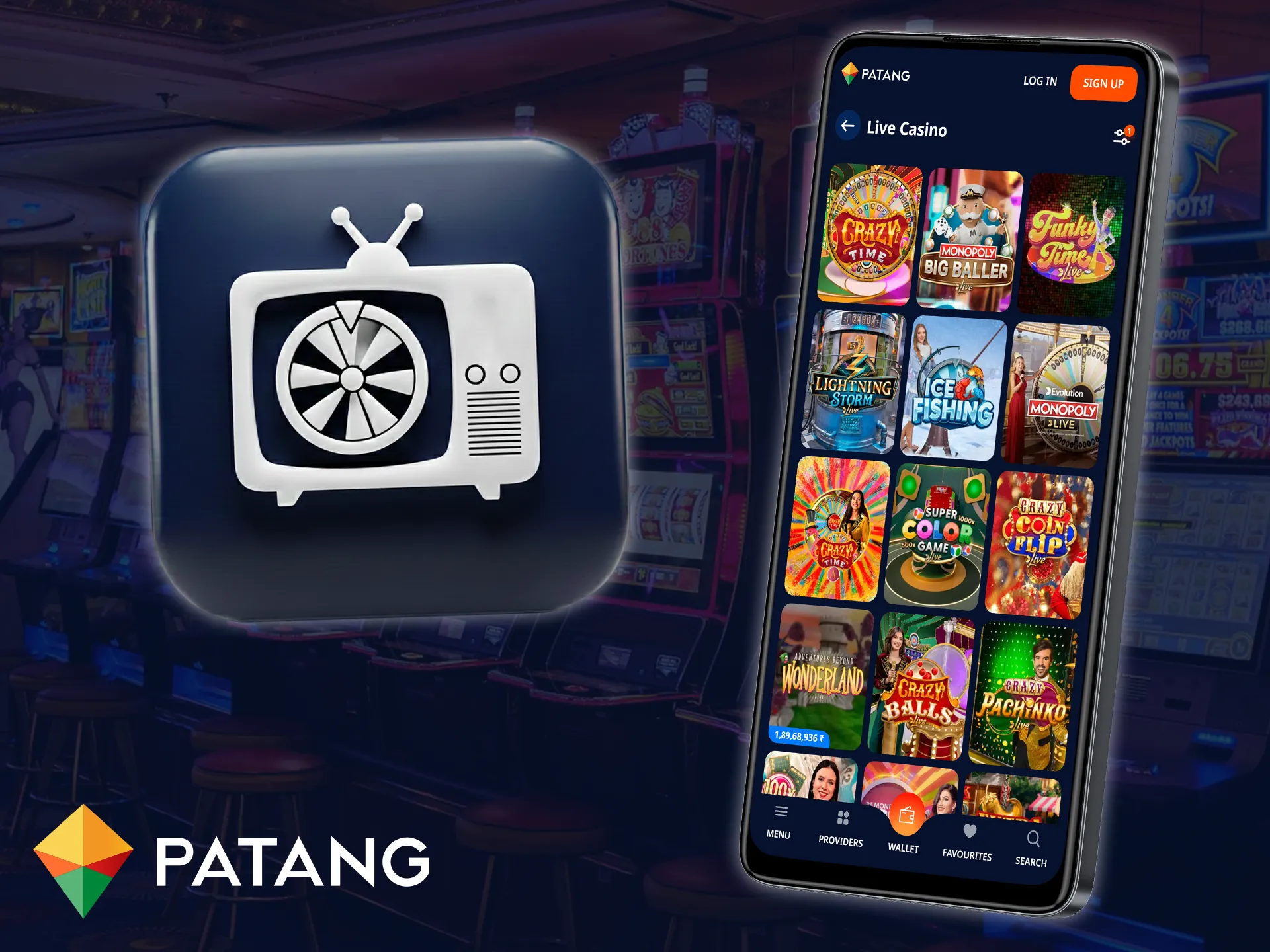 The Patang mobile app offers interactive casino games in the Game Shows section.