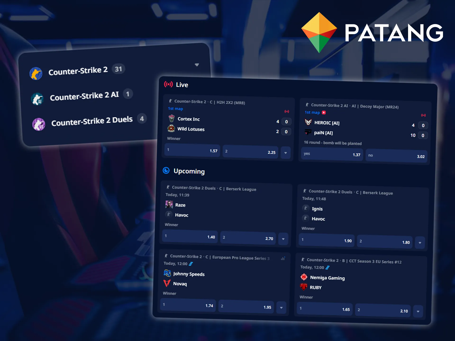 The tactical shooter CS 2 is available for betting on Patang.
