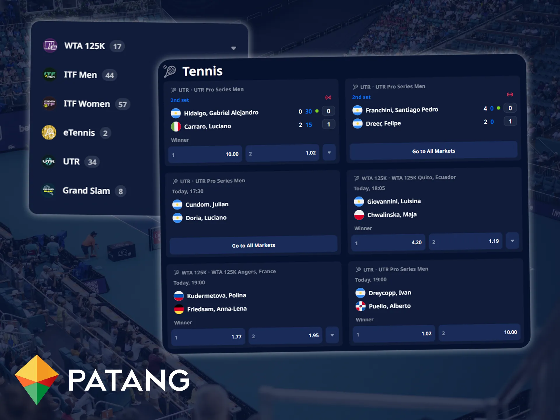 Place bets on singles, doubles matches, and tennis tournaments of various levels at Patang.