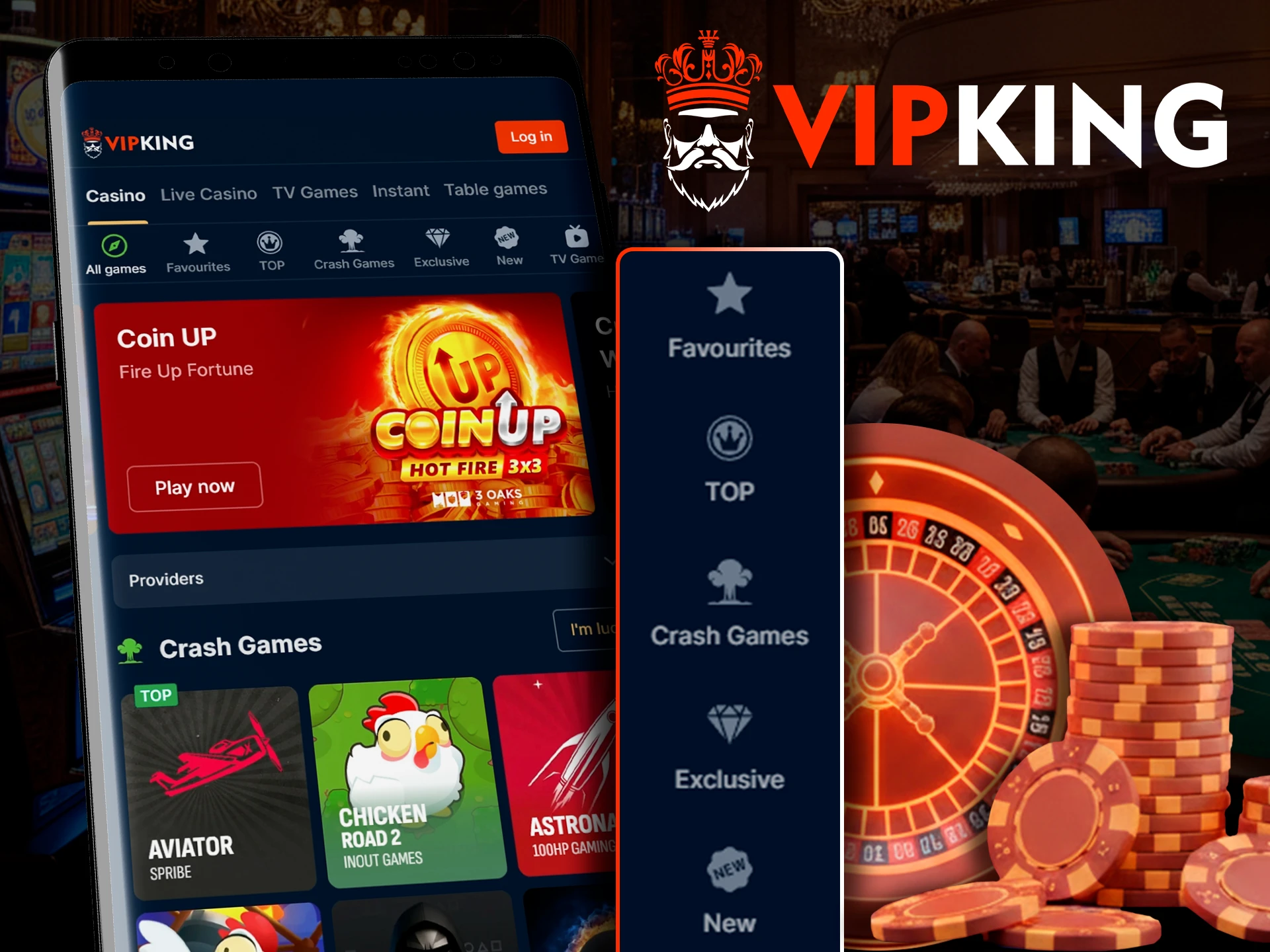 Play premium online casino games in the official VipKing app.