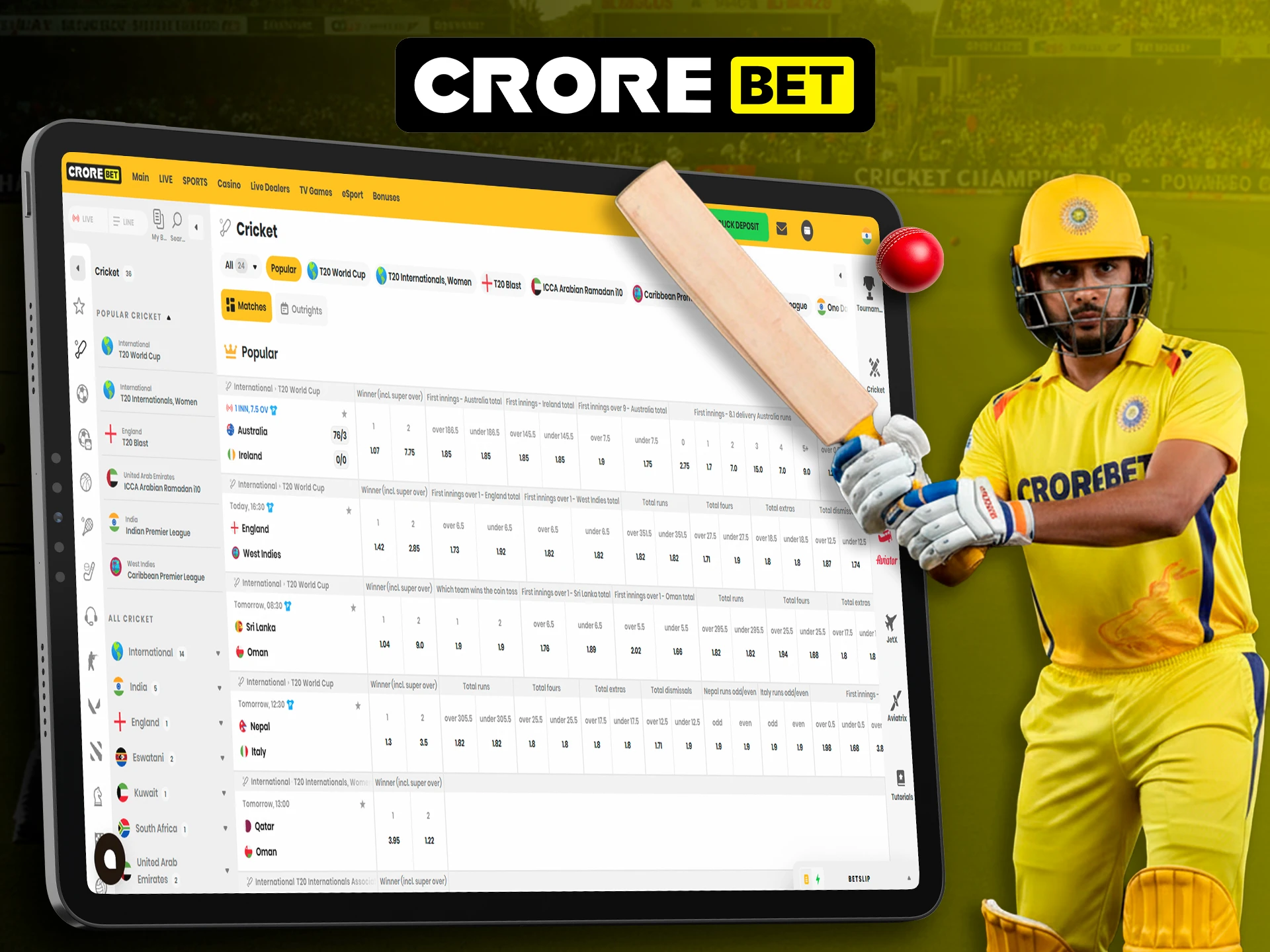 Place your bets on top cricket events with Crorebet.