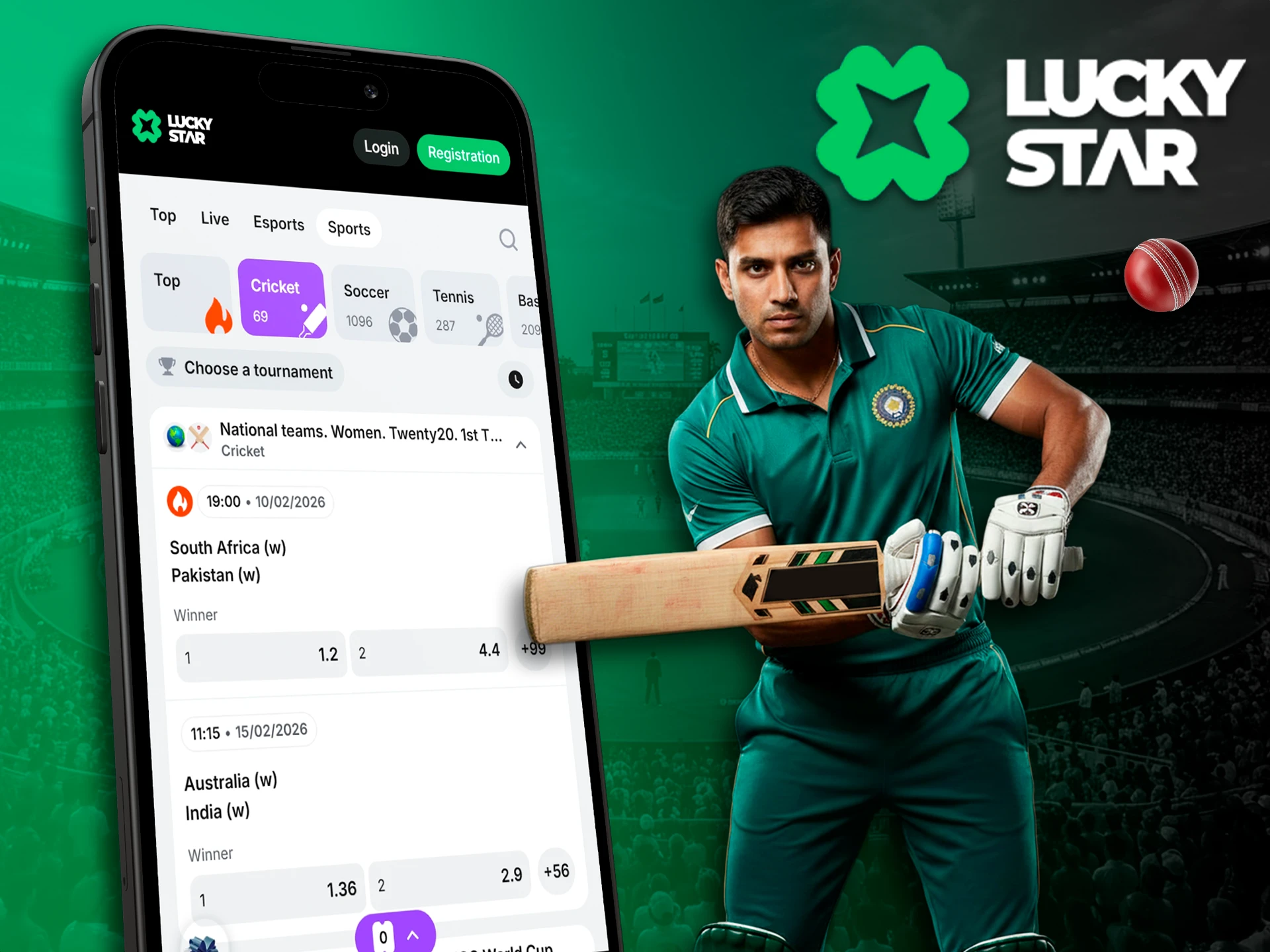 Betting on cricket matches via Lucky Star app.