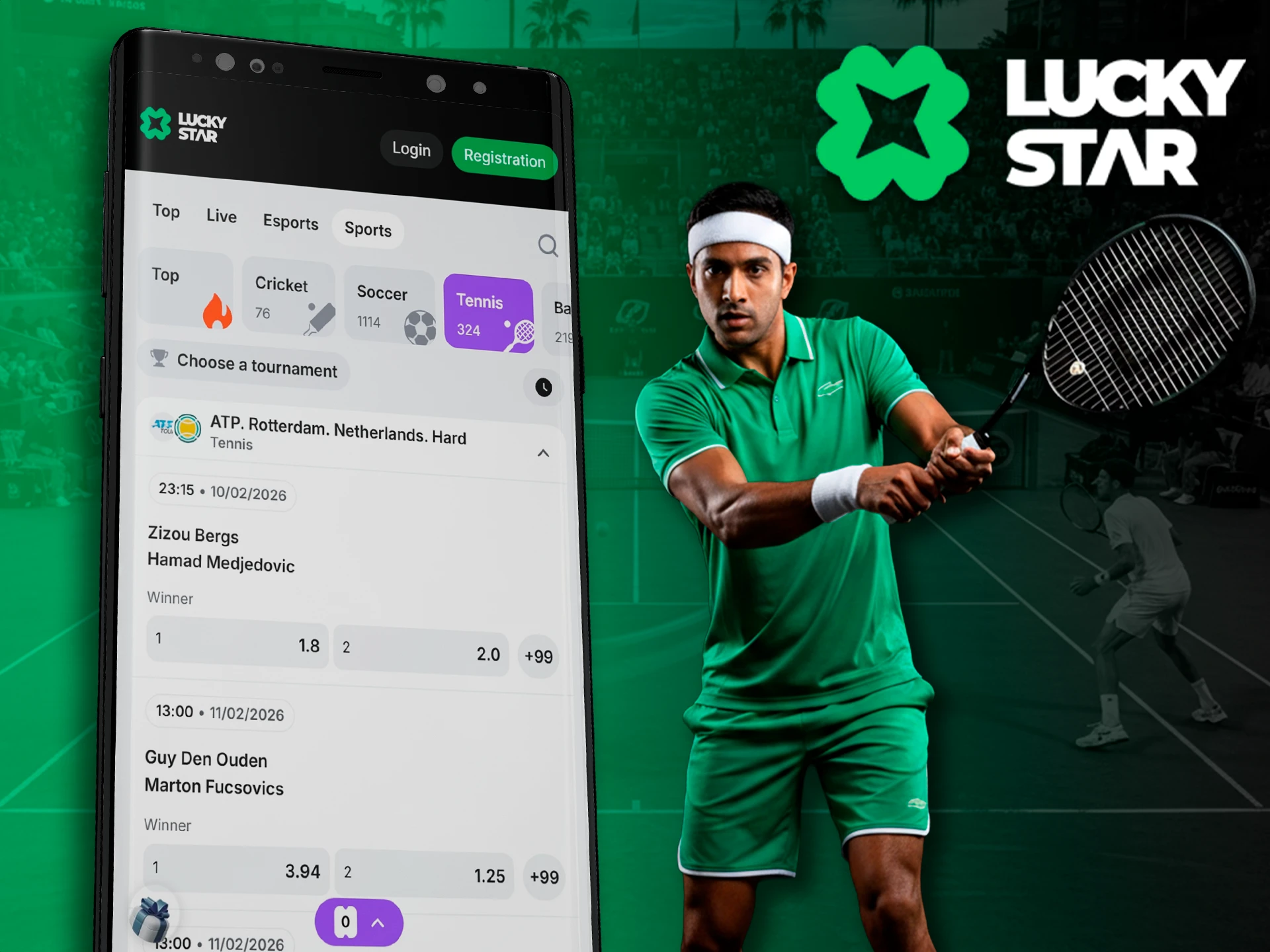 Tennis betting features on the Lucky Star app.