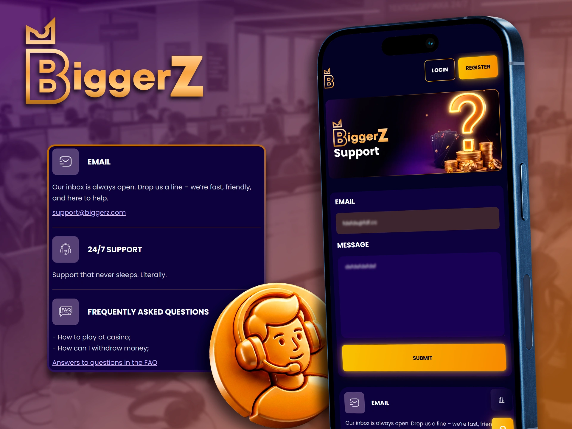 Reaching BiggerZ help desk through the mobile app interface.