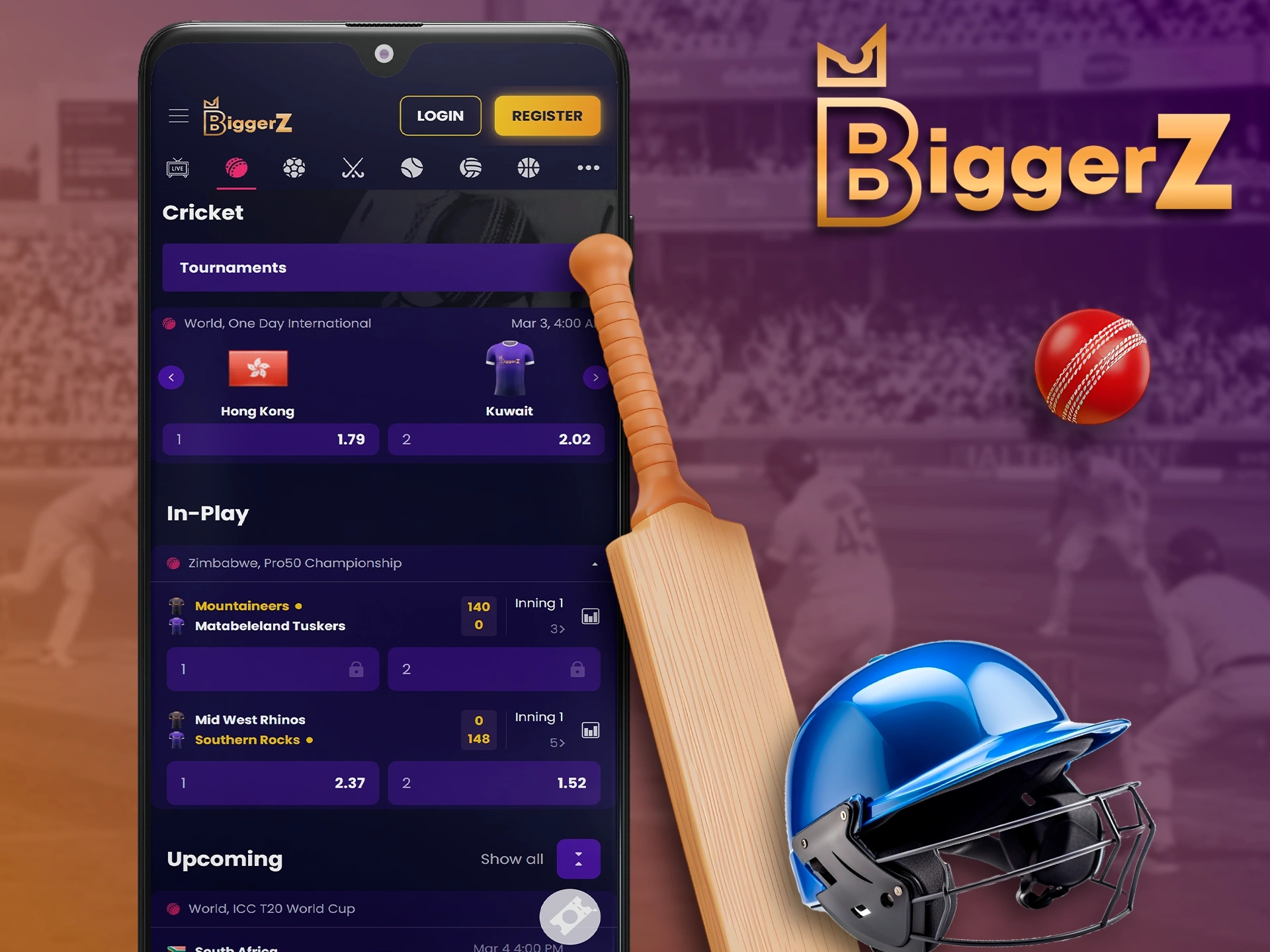 Mobile cricket betting markets and odds on BiggerZ app.