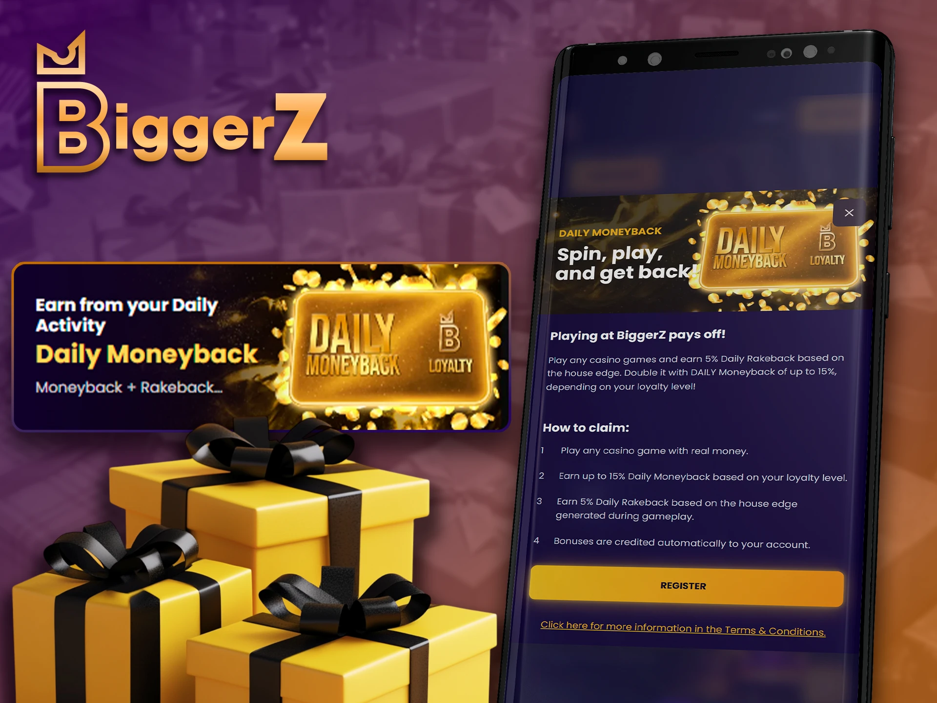 Daily rewards and cashback terms in the BiggerZ app.