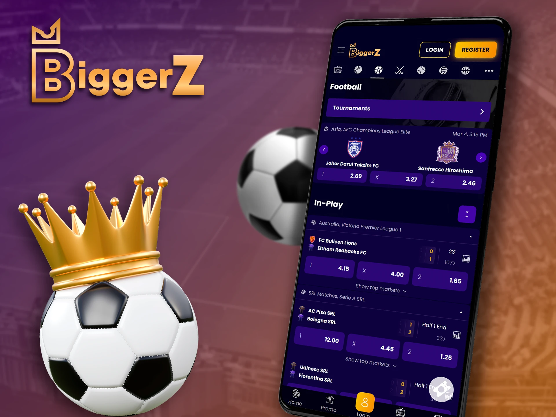 Football betting lines and championships in the BiggerZ app.