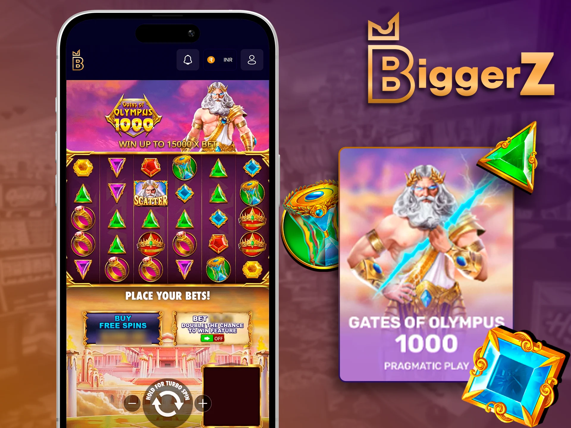 Playing Gates of Olympus 1000 slot on BiggerZ app.