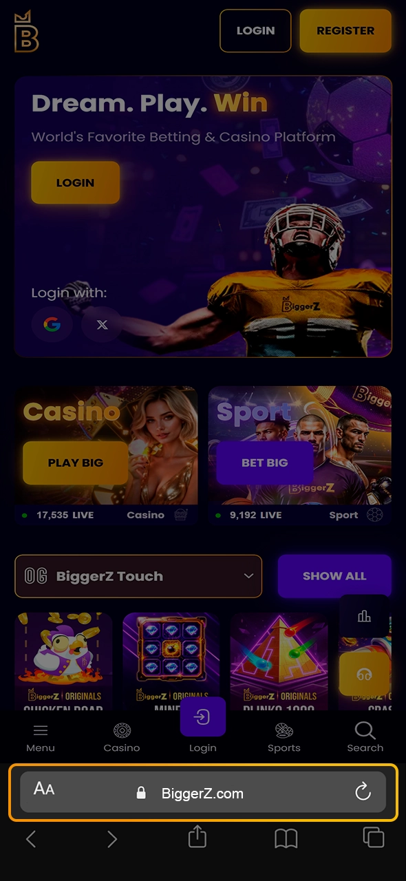 Loading the BiggerZ mobile portal using the Safari browser.