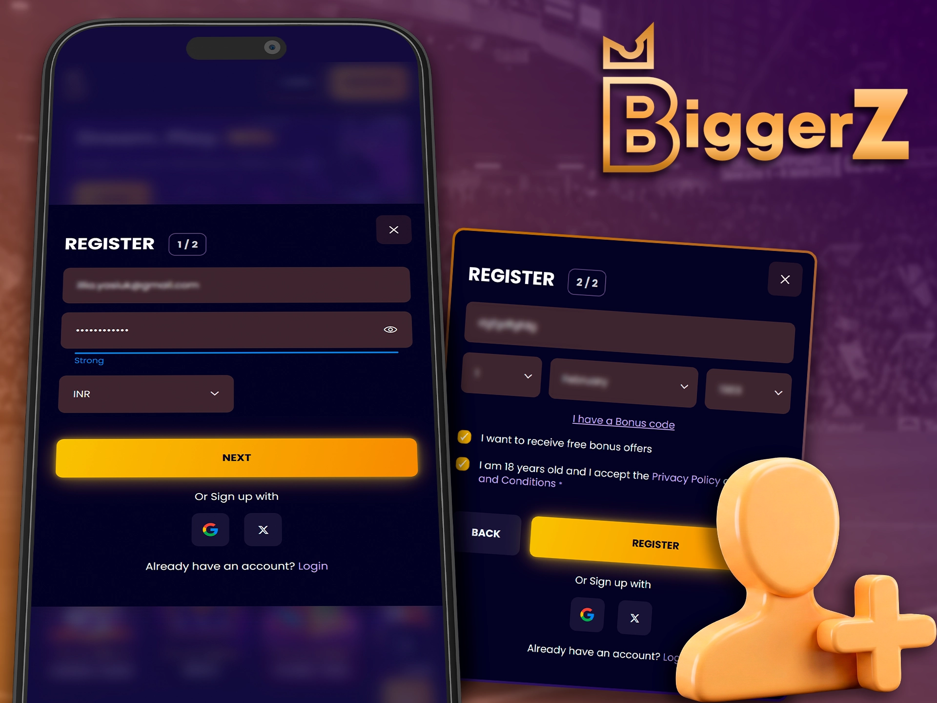 Creating a new player account through the BiggerZ app.