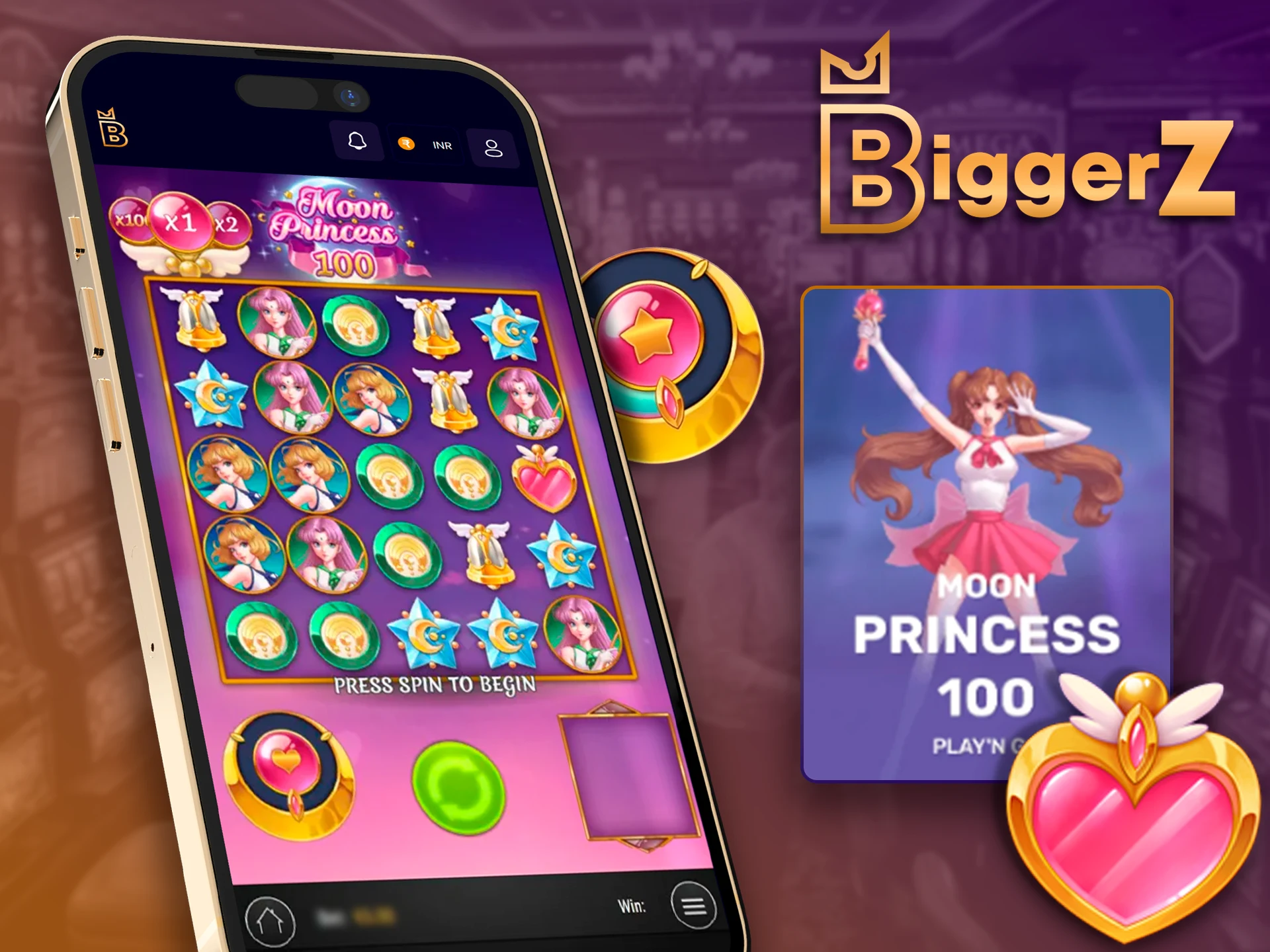 Moon Princess 100 anime slot on the BiggerZ app.