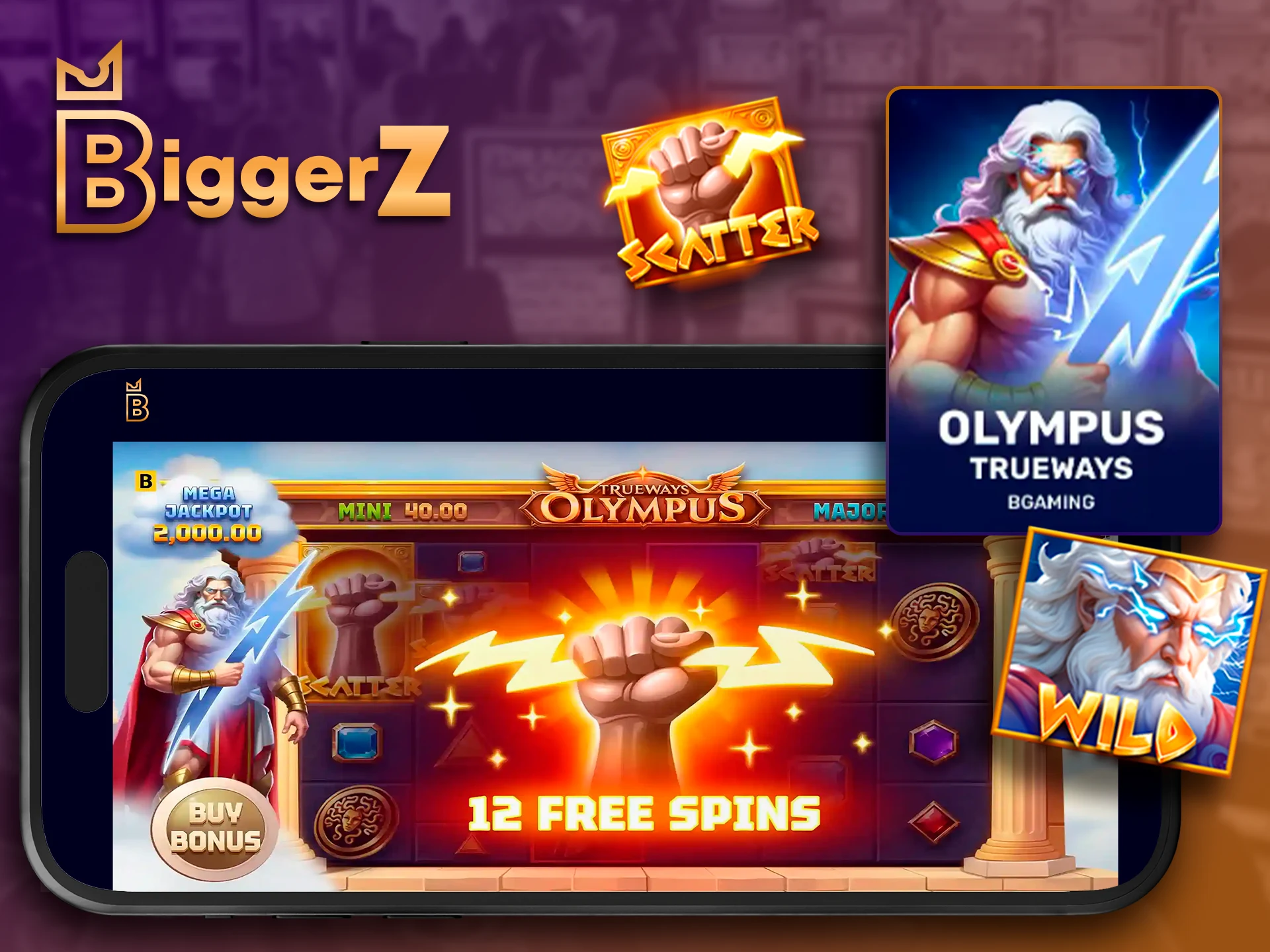 Olympus Trueways slot machine gameplay in the BiggerZ app.