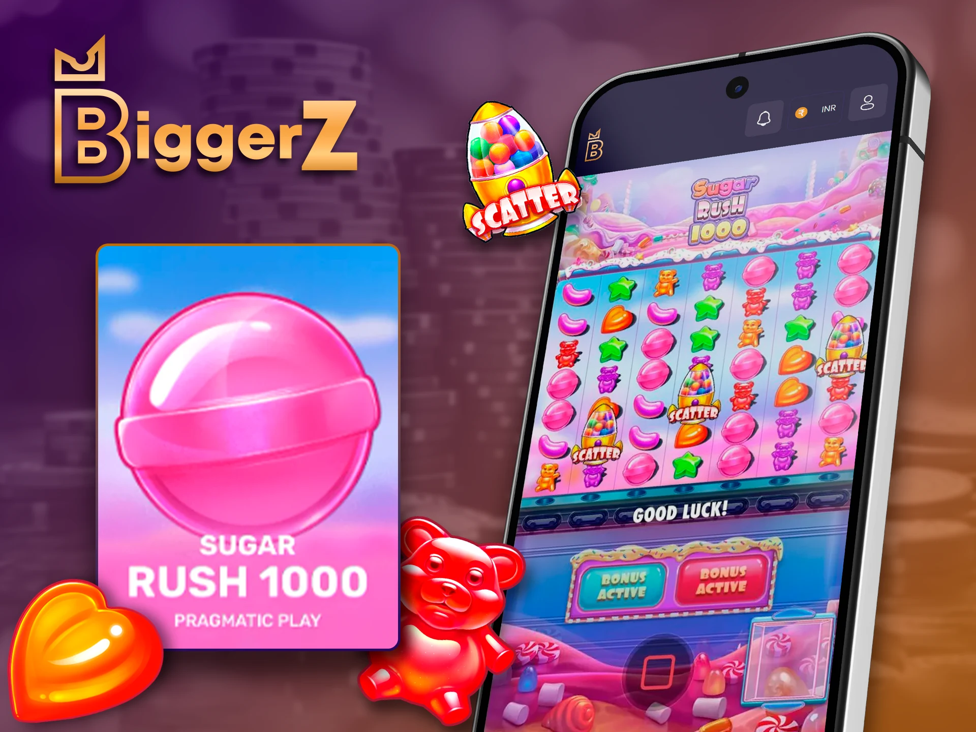 Sugar Rush 1000 casino game available in BiggerZ app.