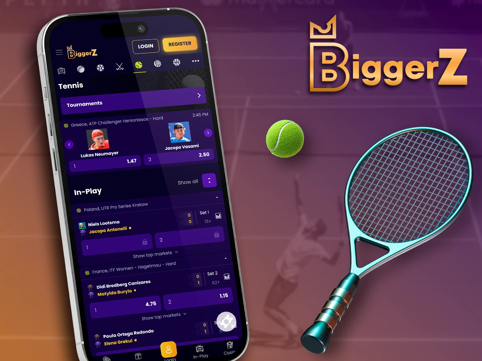 Professional tennis betting tournaments available via the BiggerZ app.