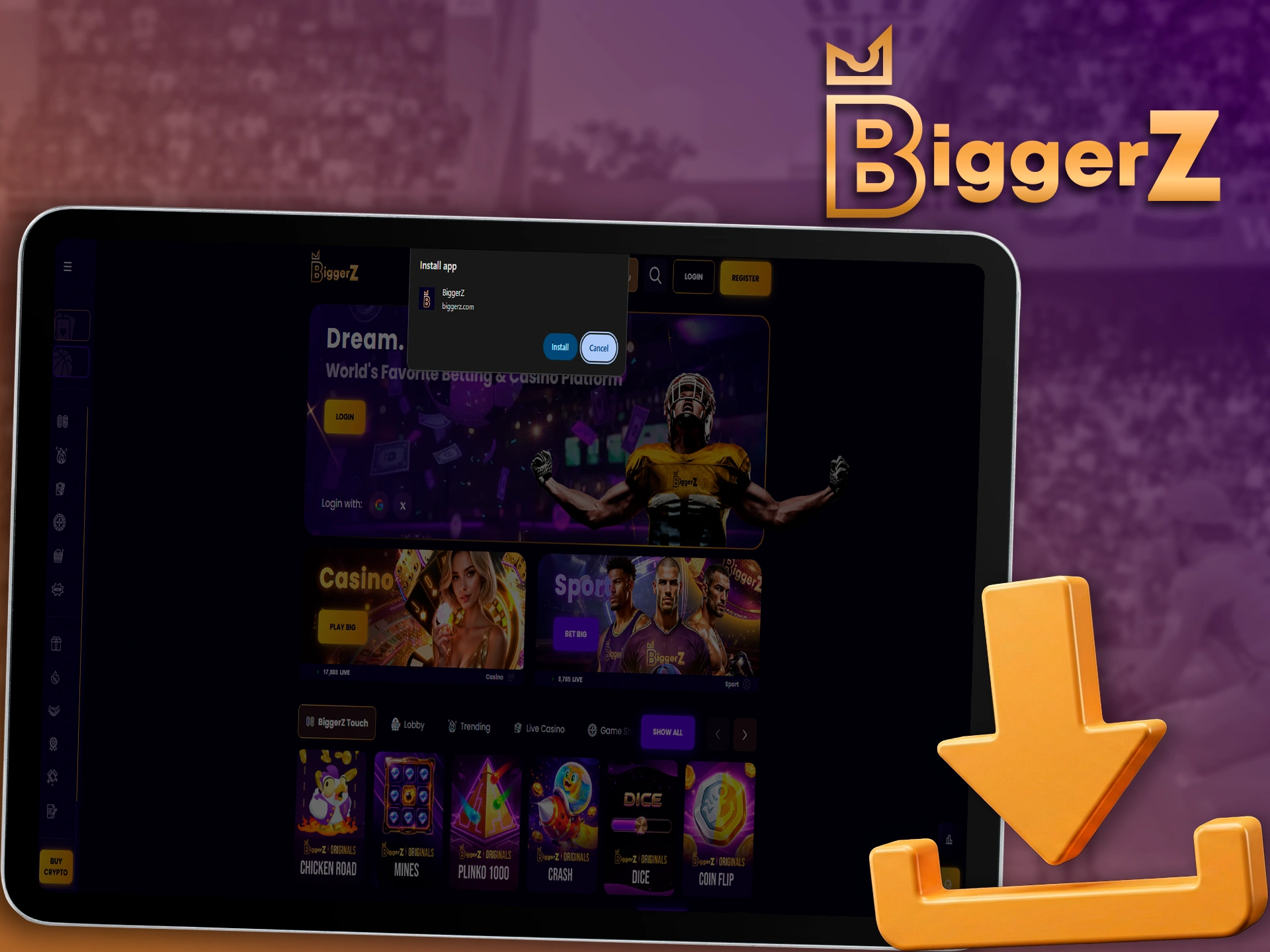 Desktop version features of the BiggerZ betting platform.