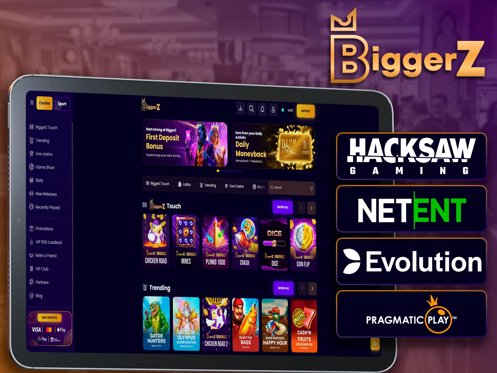 World-class casino software providers available on the BiggerZ platform.