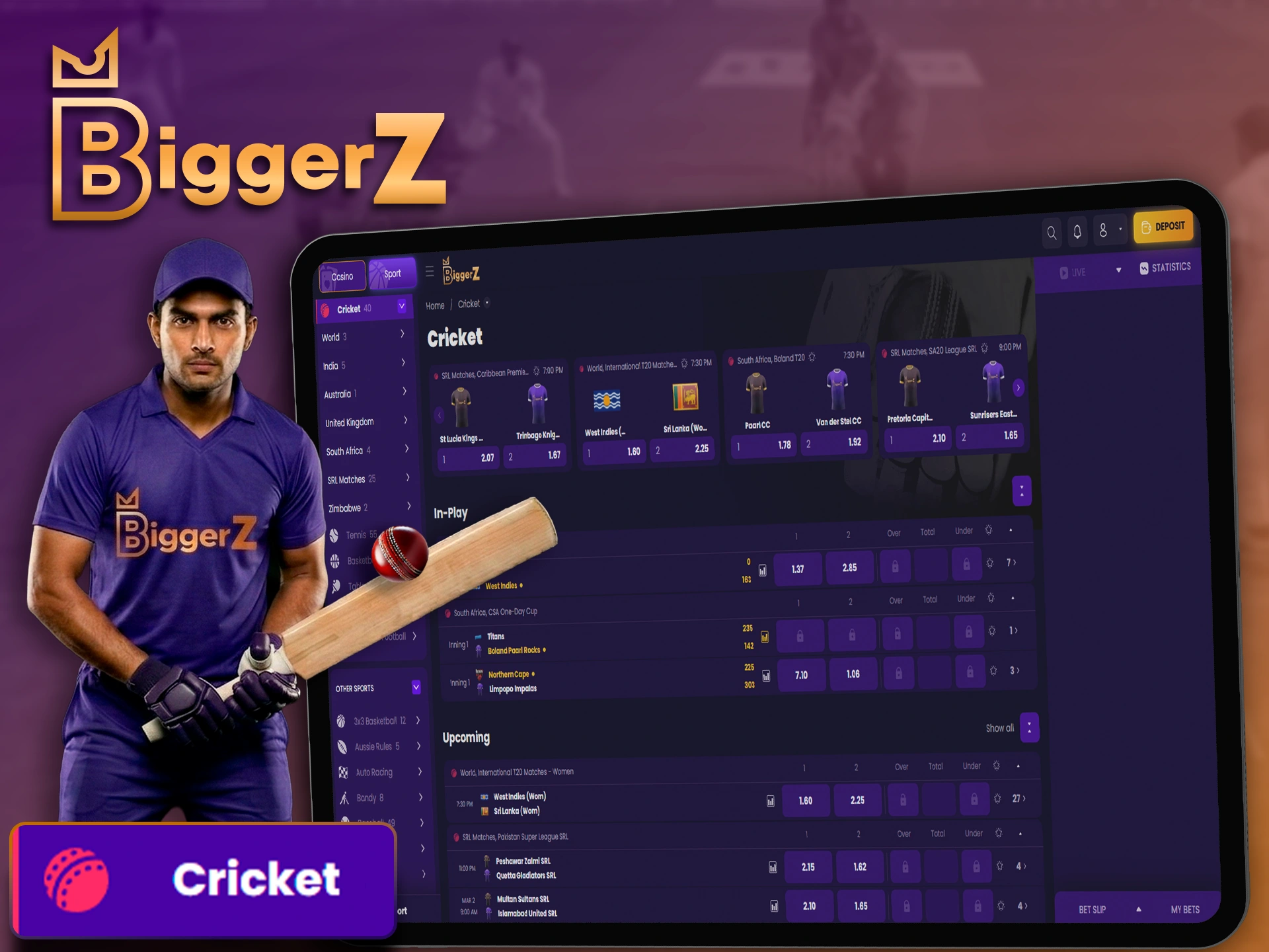 Extensive cricket betting coverage on the BiggerZ website.
