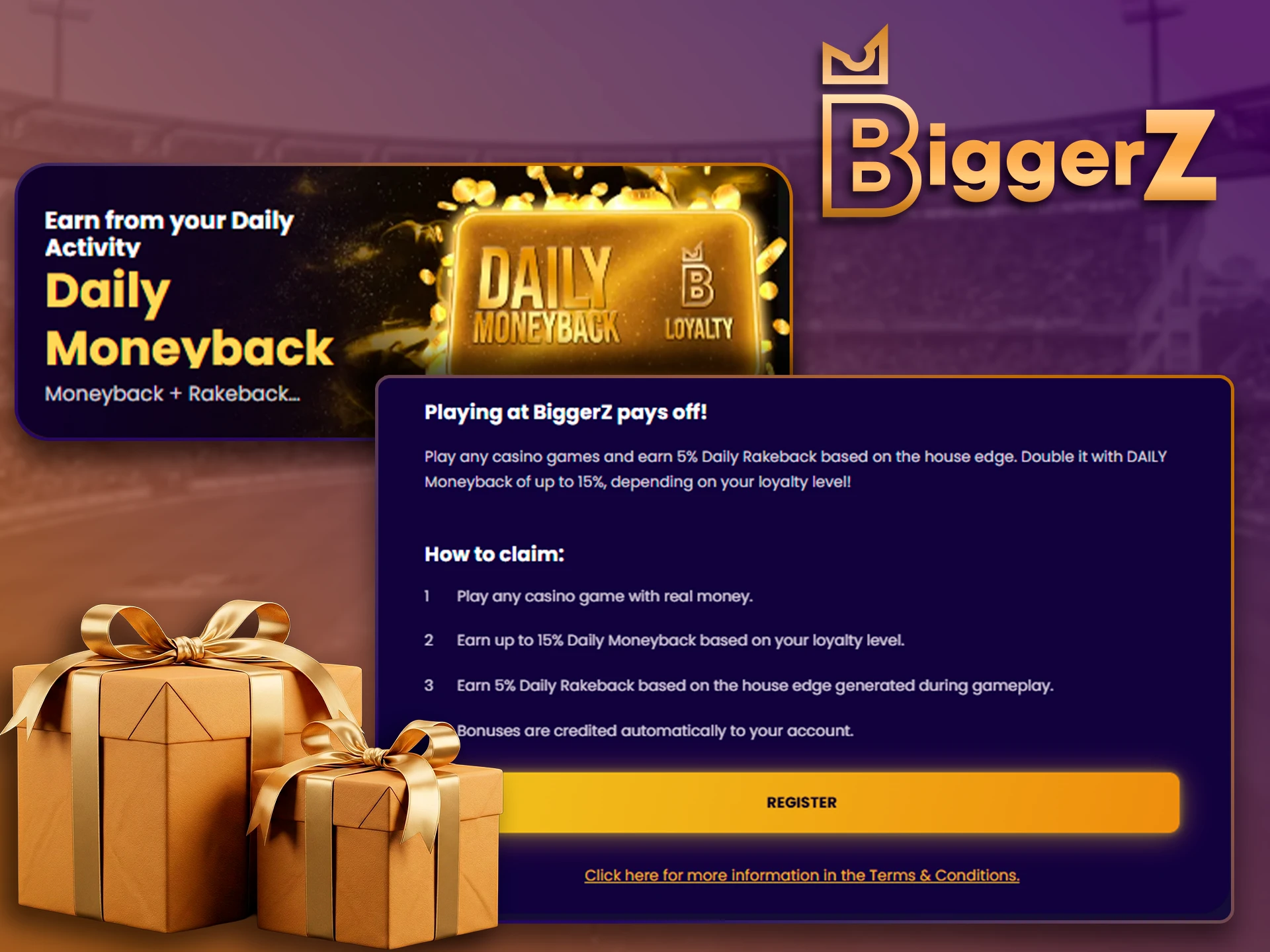 Enjoy daily rakeback and cashback rewards on BiggerZ.