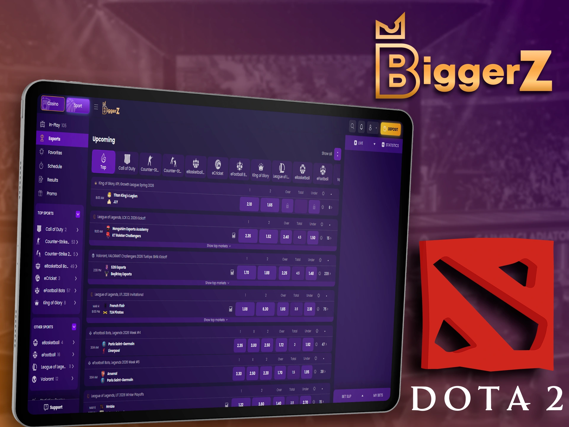 Professional Dota 2 matches and betting lines on BiggerZ.