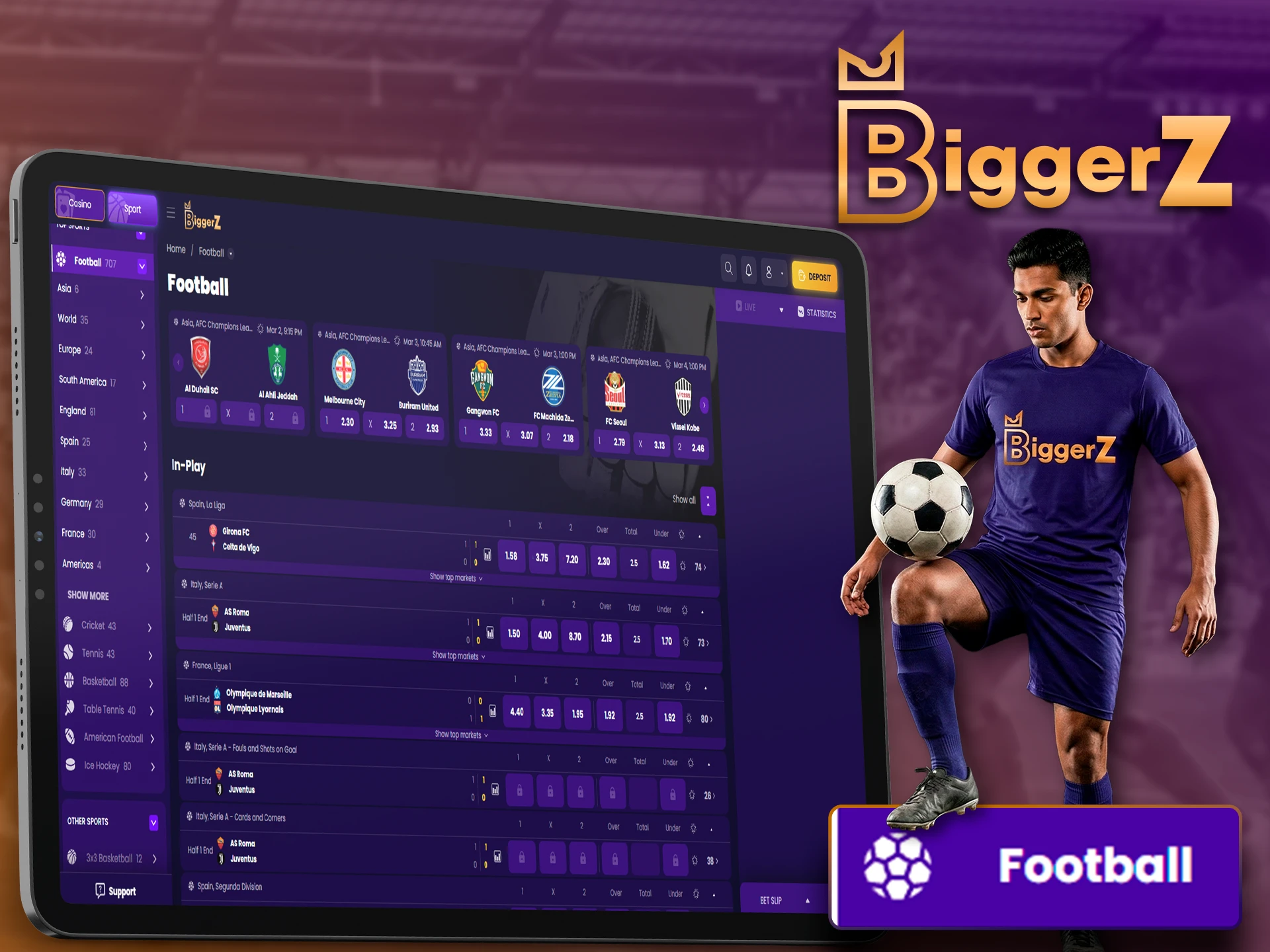 High odds for football matches available on BiggerZ.