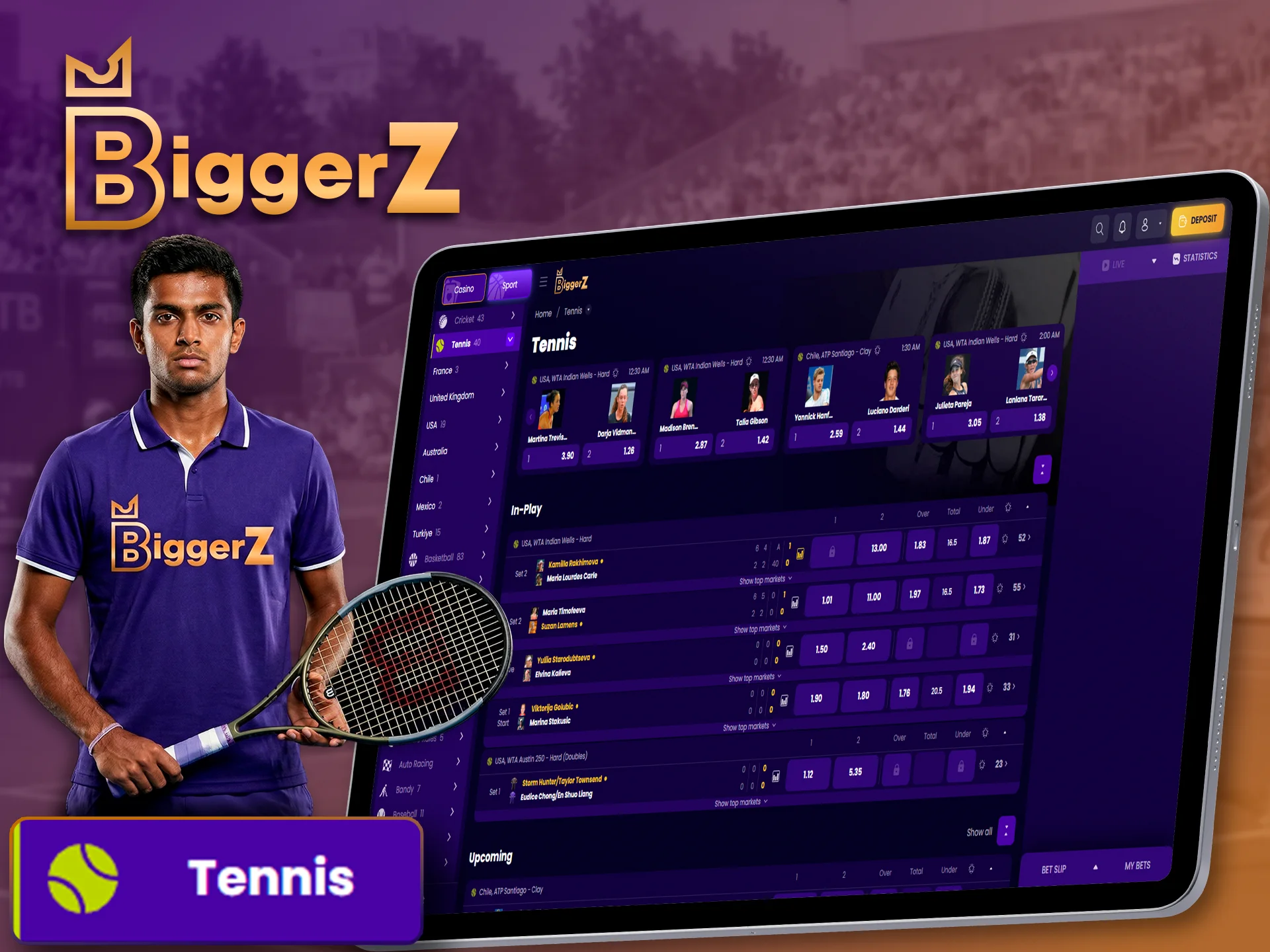 Bet on worldwide tennis tournaments through BiggerZ sports.