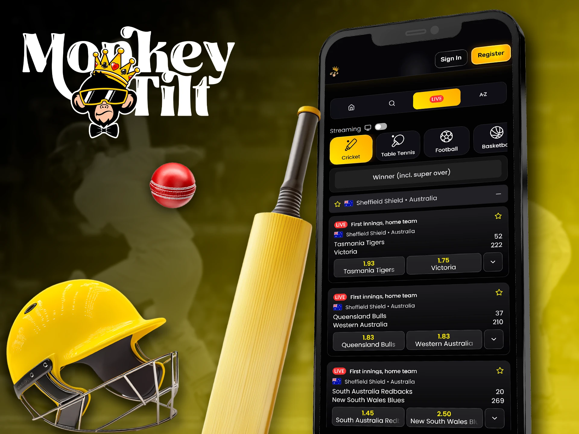 Mobile cricket betting markets available on the MonkeyTilt app.