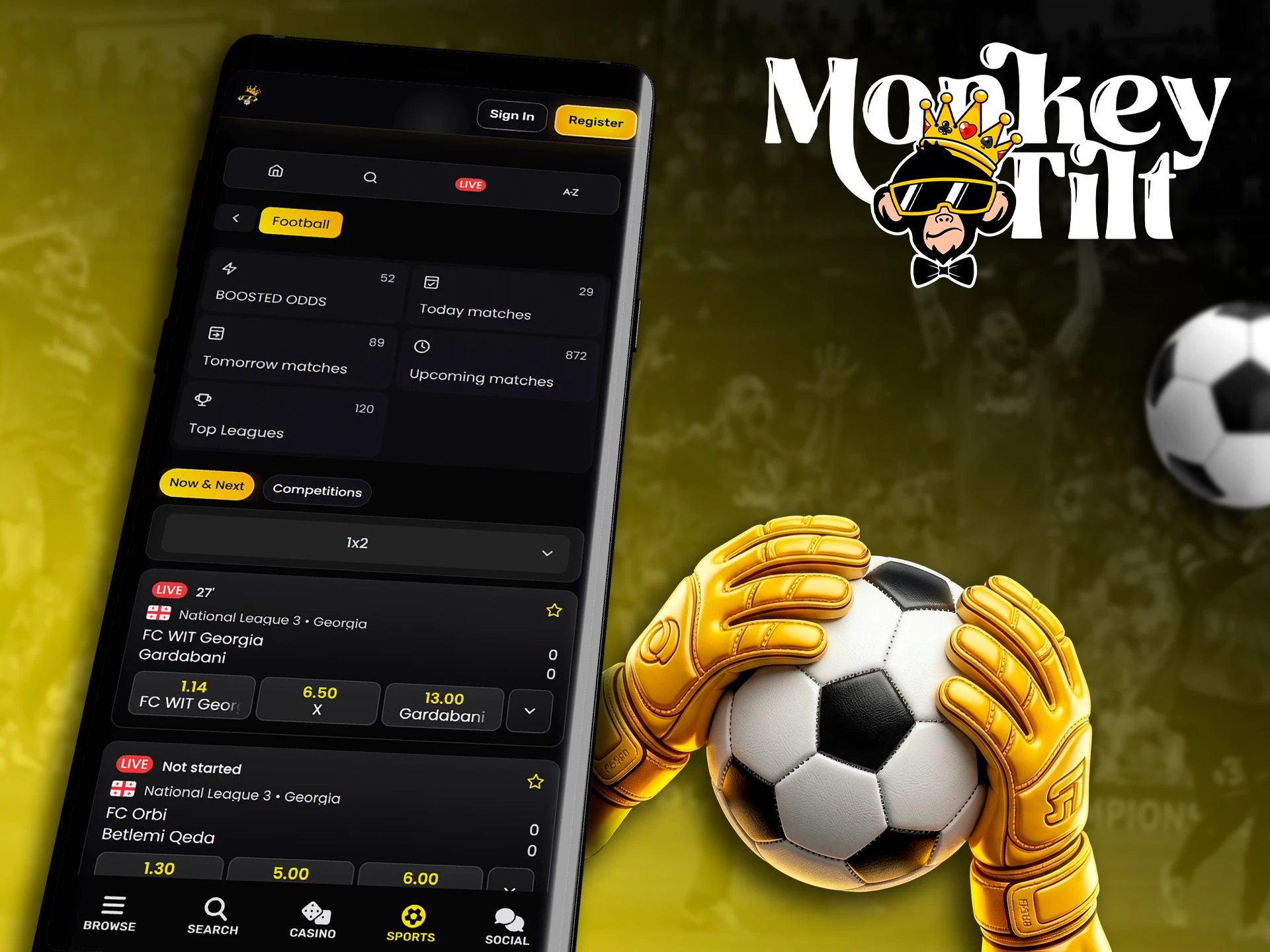 Bet on global football leagues using the MonkeyTilt app.
