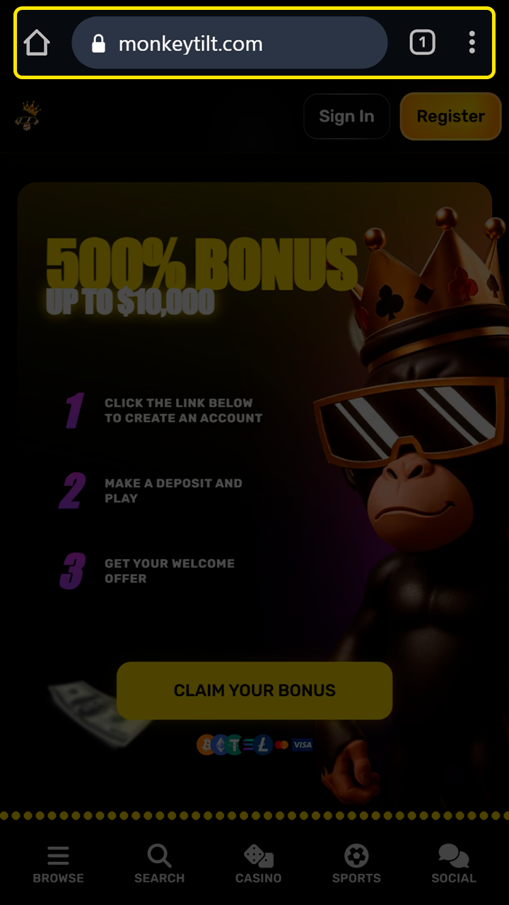 Accessing the MonkeyTilt site via your mobile web browser.