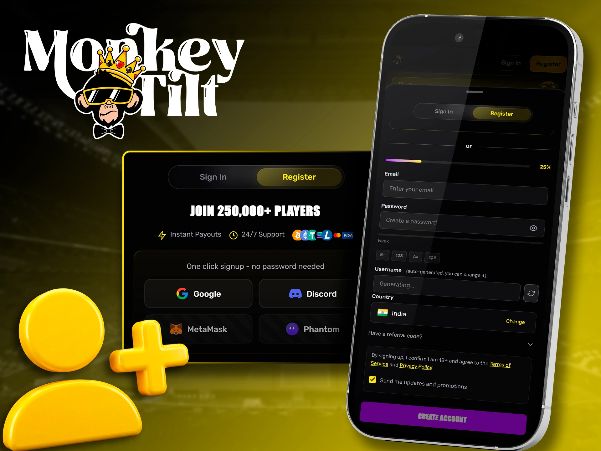 Signing up for MonkeyTilt directly through the mobile app.