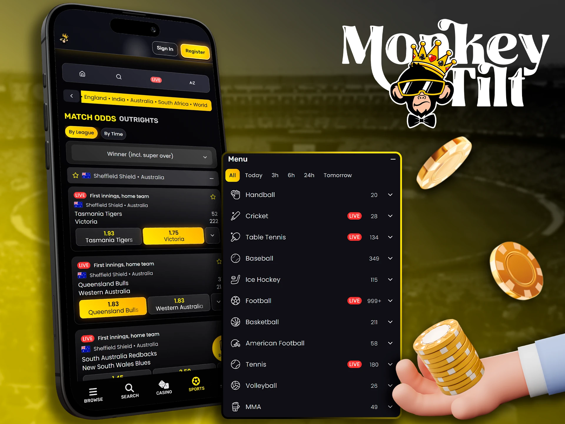Instructions for placing your first bet on MonkeyTilt mobile.