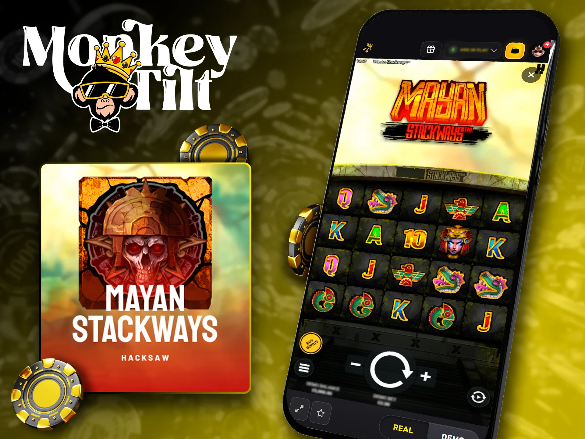 Spin Mayan Stackways reels on the MonkeyTilt mobile platform.
