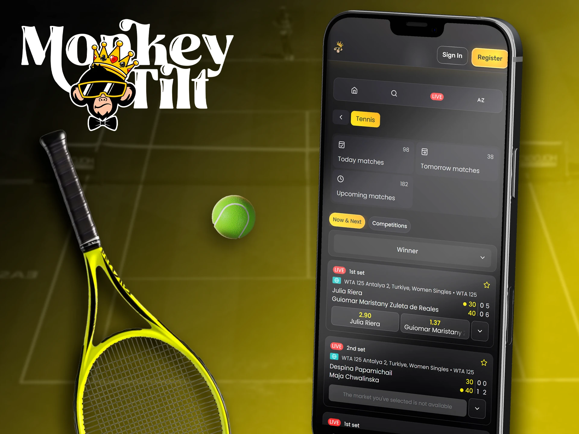 Tennis match betting at your fingertips with MonkeyTilt.